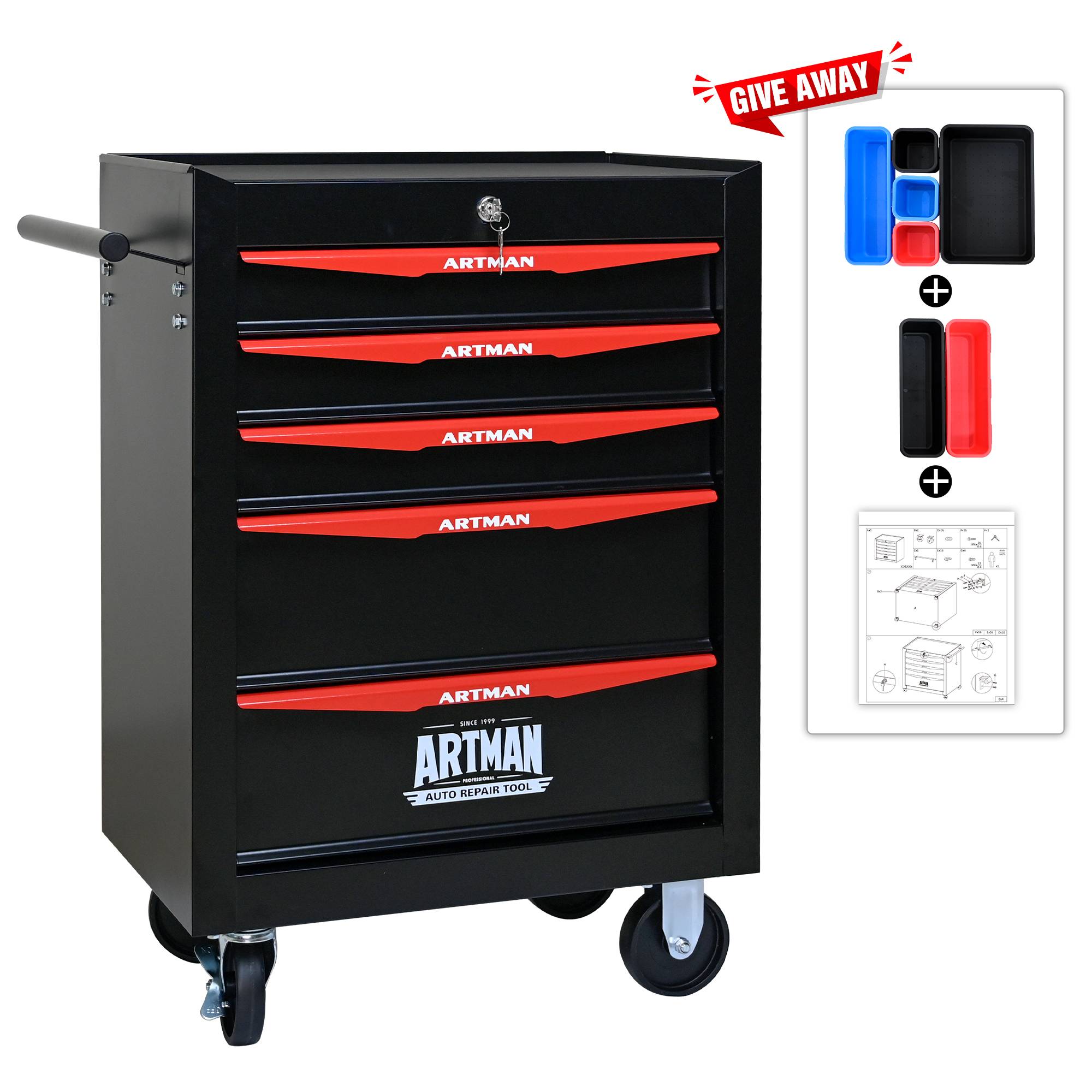 Servante d'atelier acier garage rangement 5 tiroirs 60x33x77cm noir rouge - ComfortXL Outdoor Living - Image 7