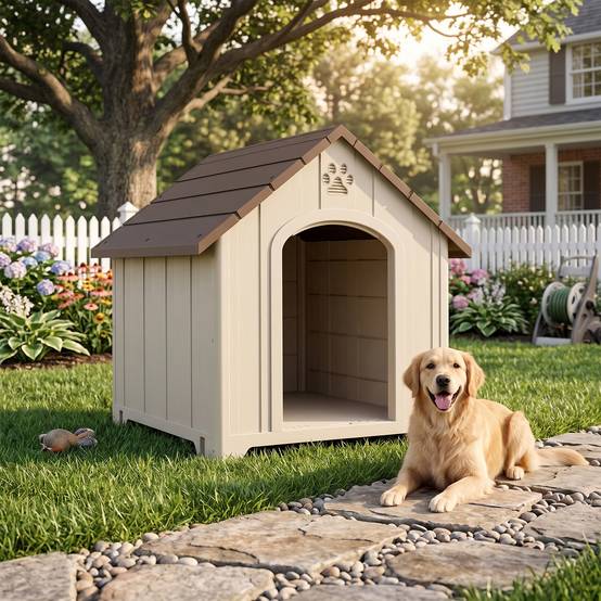 Niche extérieure pour grand chien plastique, 2 fenêtres, fond surélevé, piquets, beige - Image 10