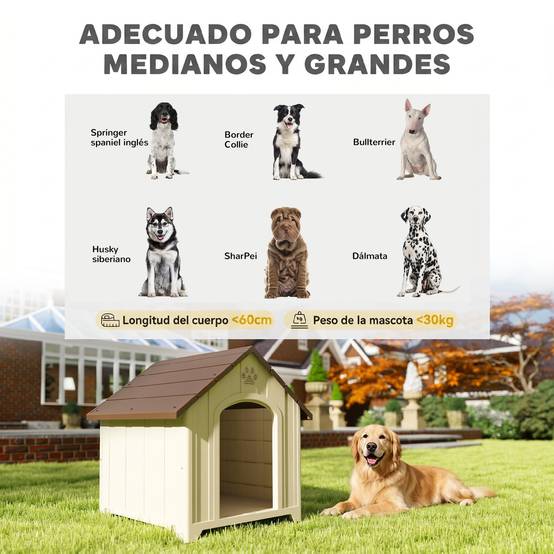 Niche extérieure pour grand chien plastique, 2 fenêtres, fond surélevé, piquets, beige - Image 7