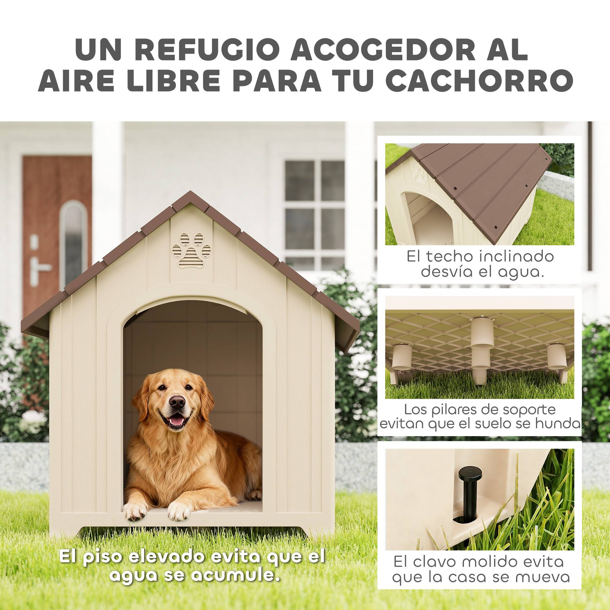 Niche extérieure pour grand chien plastique, 2 fenêtres, fond surélevé, piquets, beige - Image 6