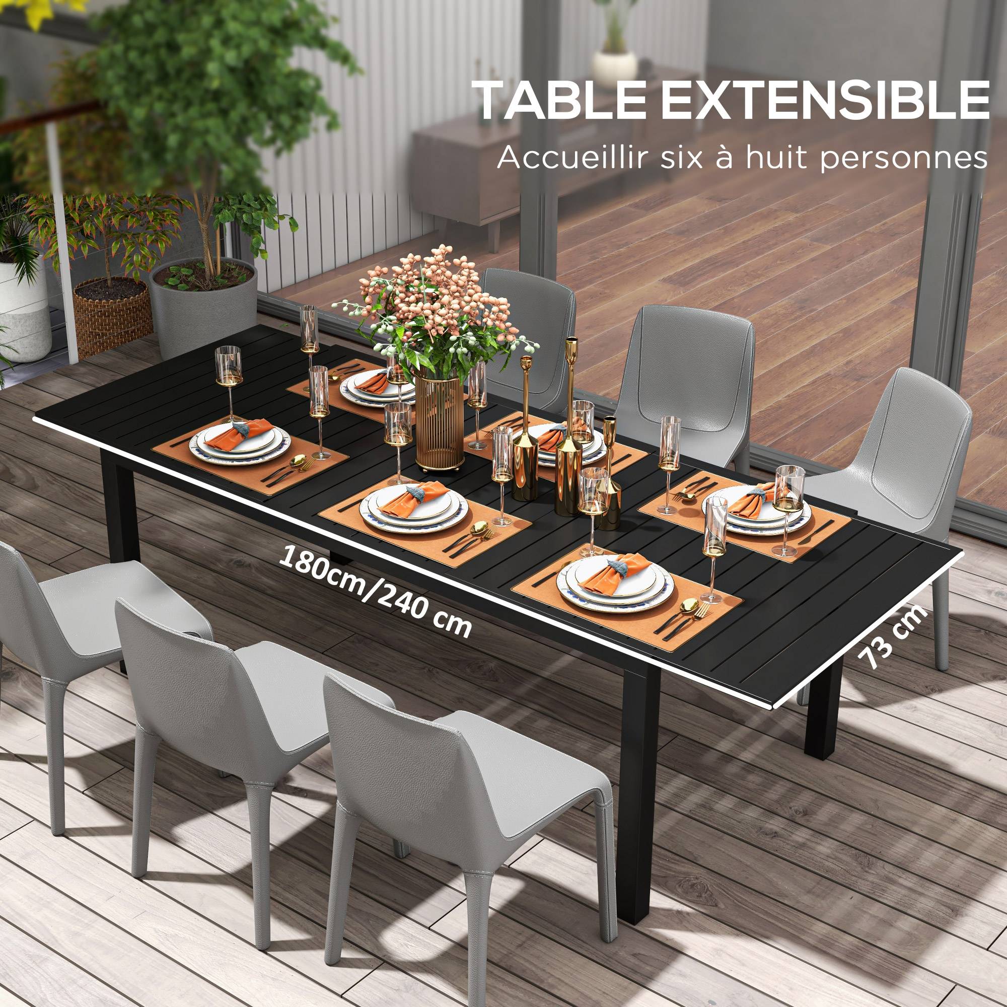 Table de jardin extensible en aluminium rectangulaire 6 - 8 personnes, dim. 180/240L x 94l x 73H cm, noir - Image 6