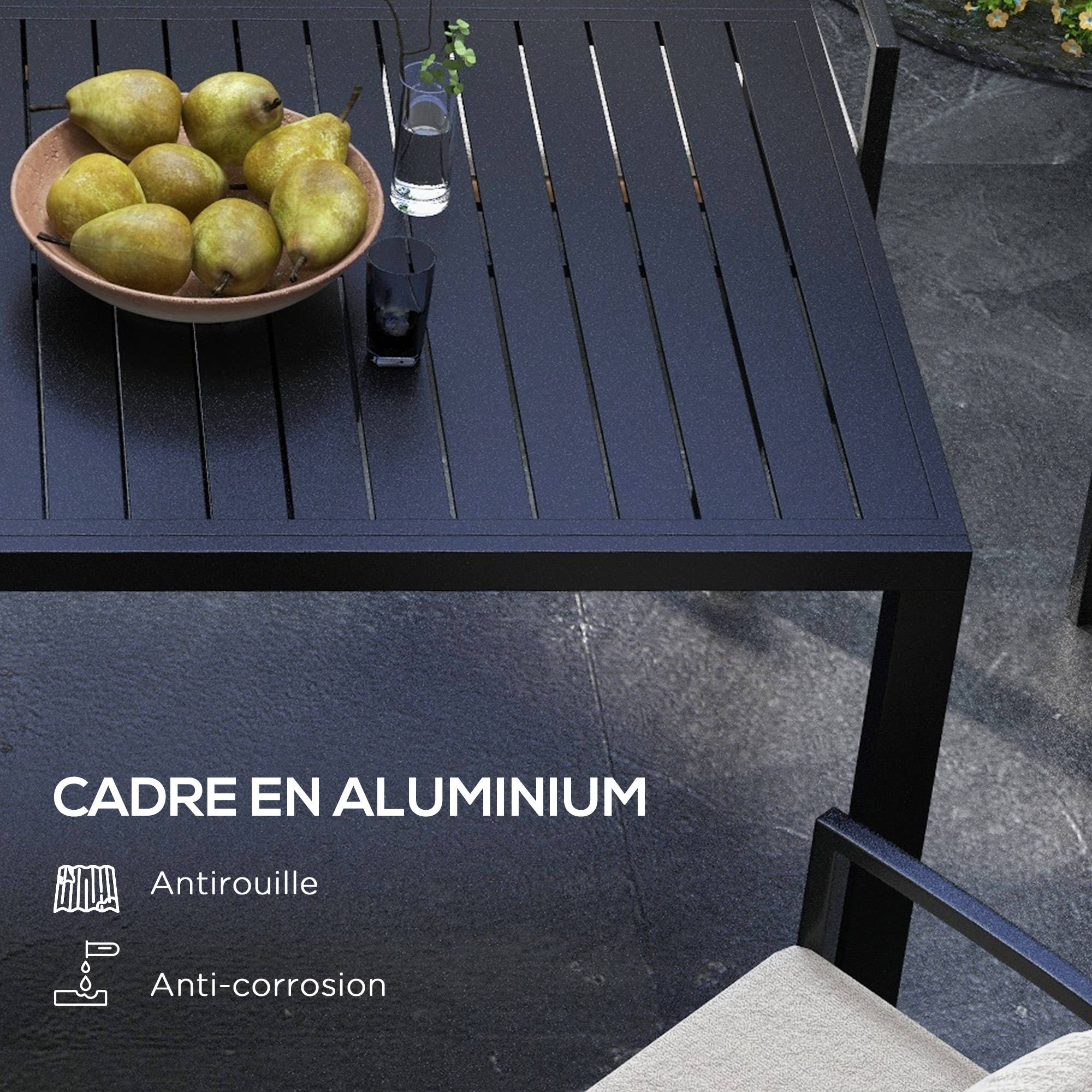Table de jardin extensible en aluminium rectangulaire 6 - 8 personnes, dim. 180/240L x 94l x 73H cm, noir - Image 7