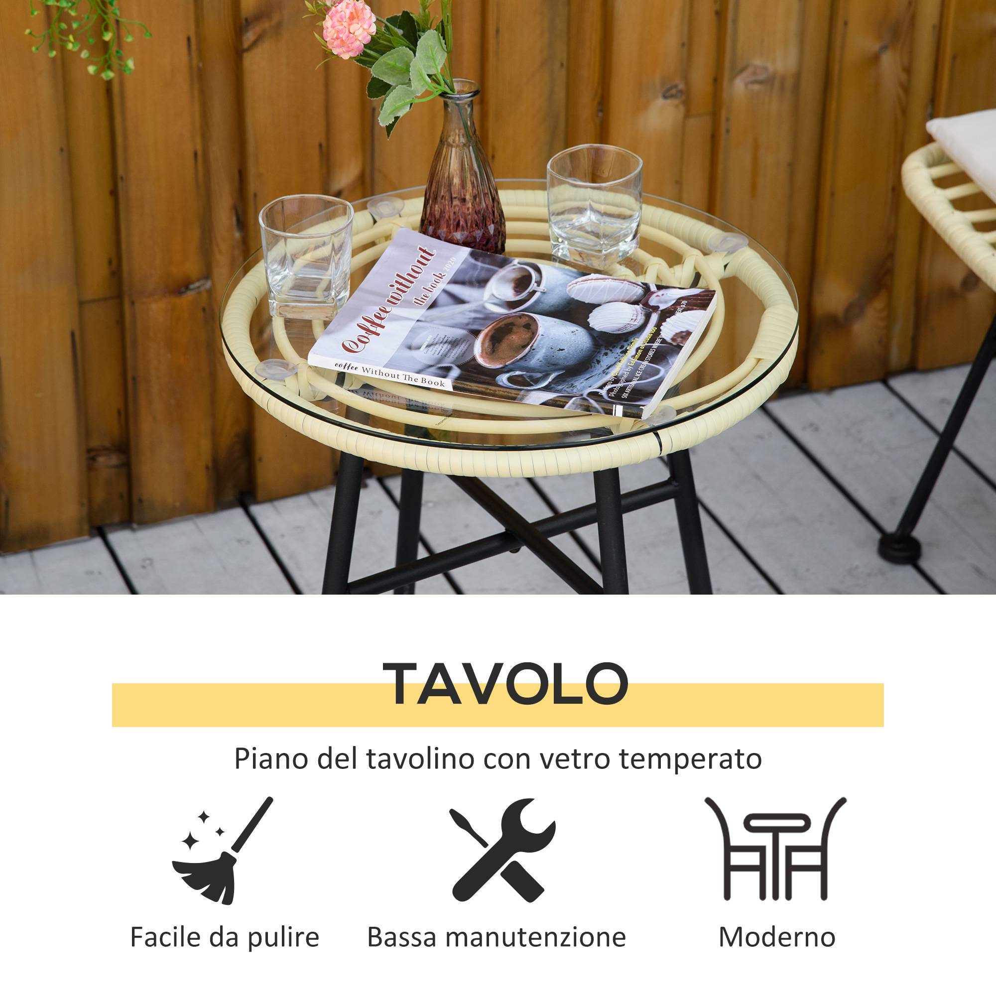 Ensemble table et chaises jardin 3 pcs rotin PE et acier, bistrot, table verre, 2 chaises, crème - Image 8