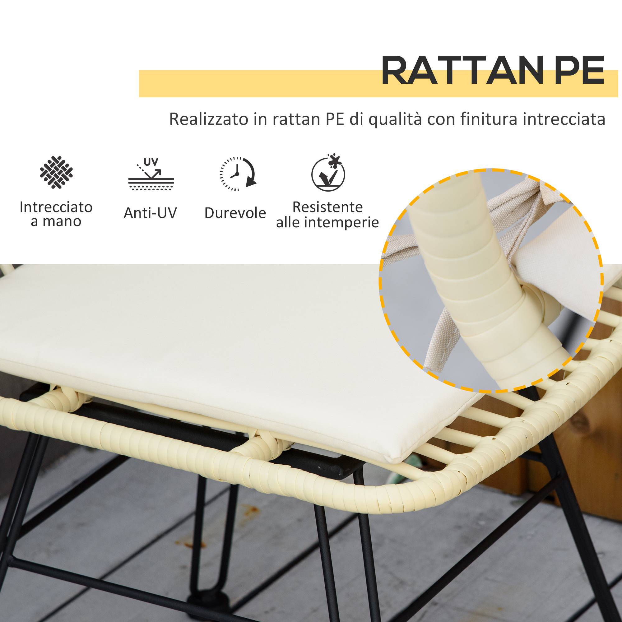 Ensemble table et chaises jardin 3 pcs rotin PE et acier, bistrot, table verre, 2 chaises, crème - Image 6