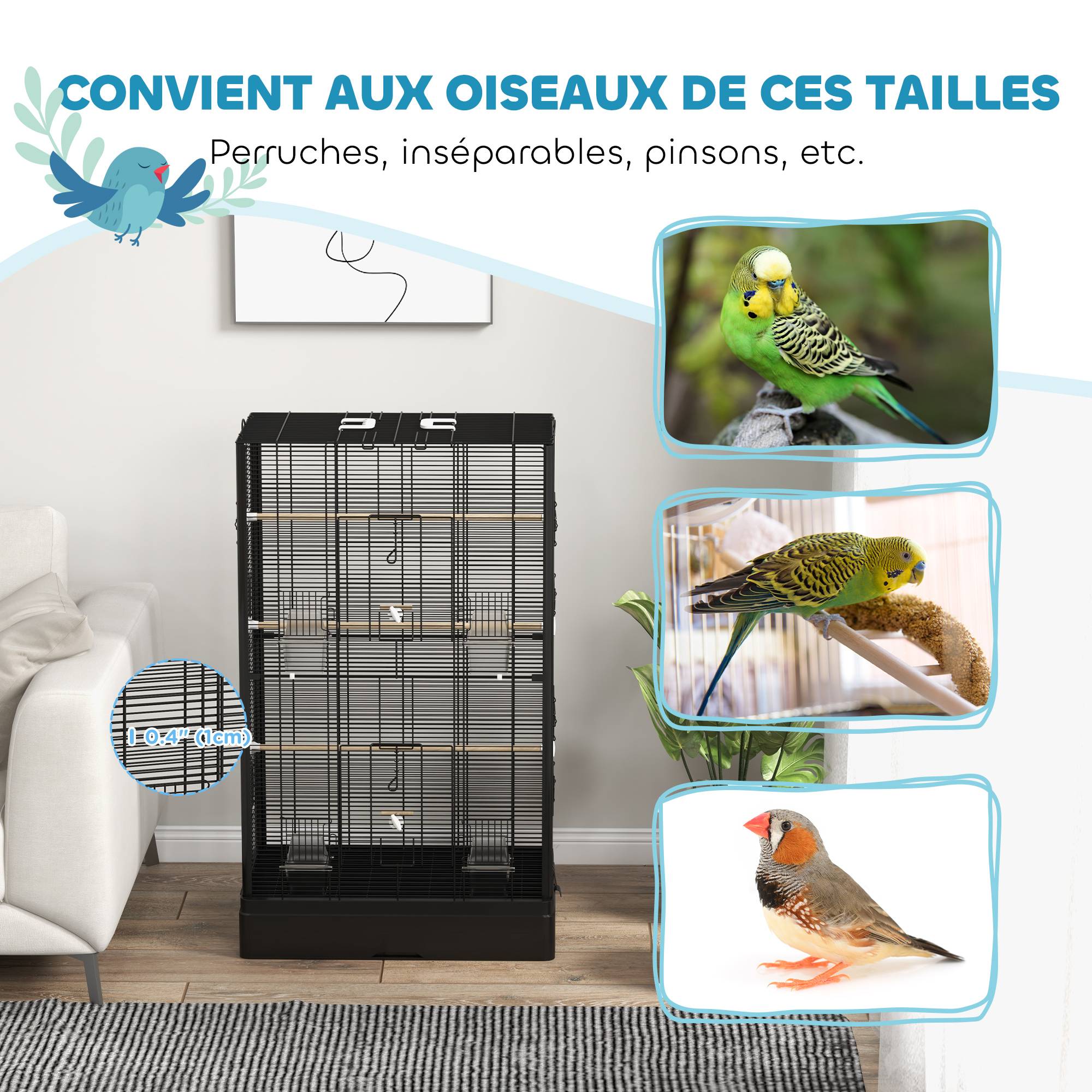 Cage à oiseaux volière avec portes perchoirs cage pour canaris perruches perroquets 61 x 36,5 x 98 cm noir - Image 8