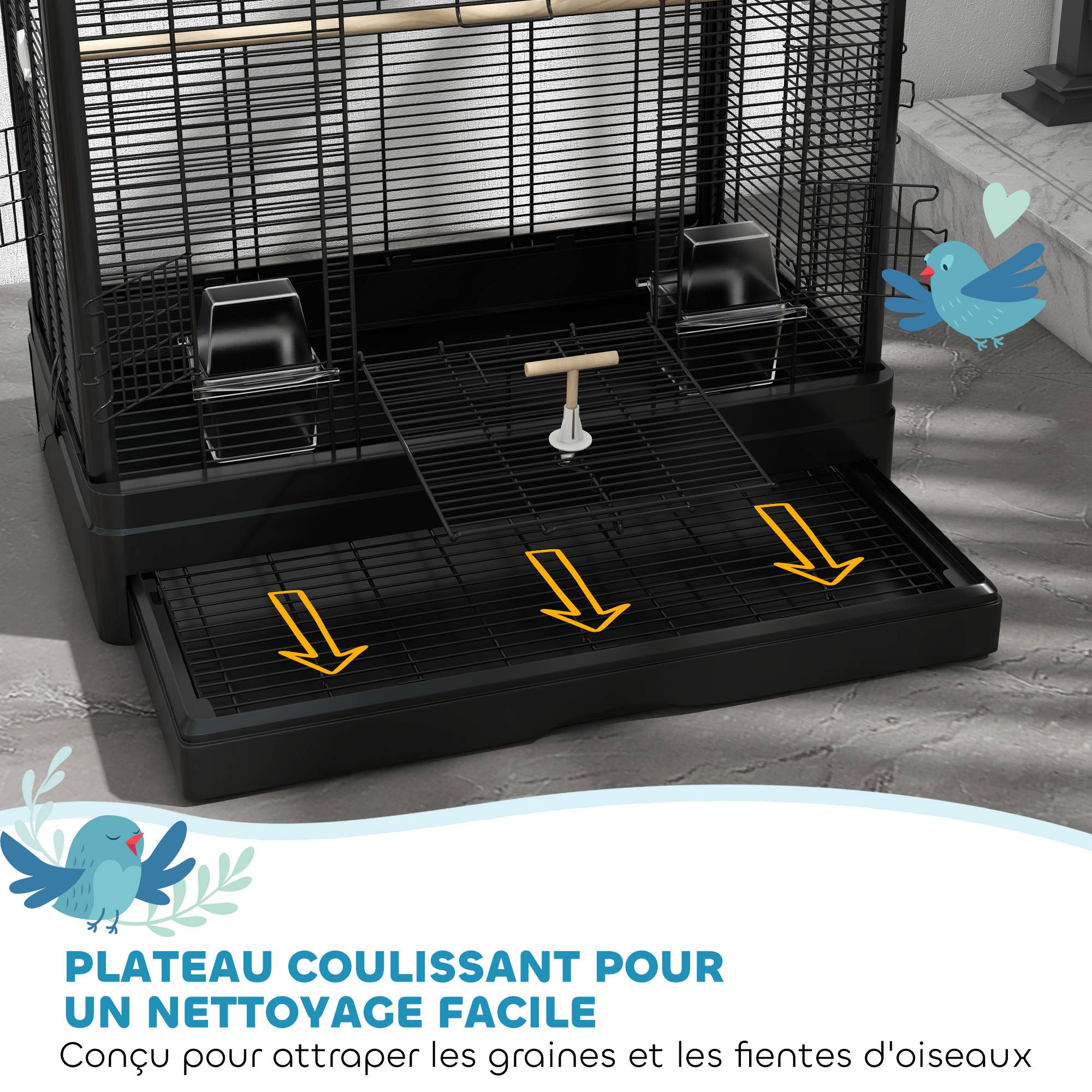 Cage à oiseaux volière avec portes perchoirs cage pour canaris perruches perroquets 61 x 36,5 x 98 cm noir - Image 6