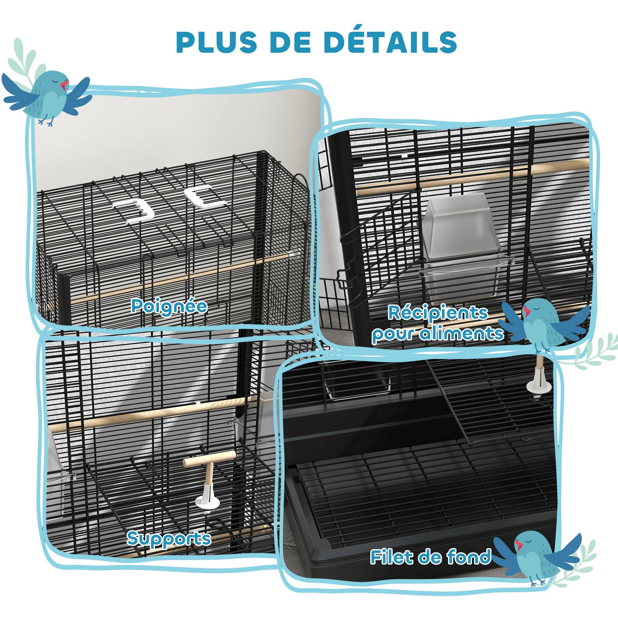 Cage à oiseaux volière avec portes perchoirs cage pour canaris perruches perroquets 61 x 36,5 x 98 cm noir - Image 9