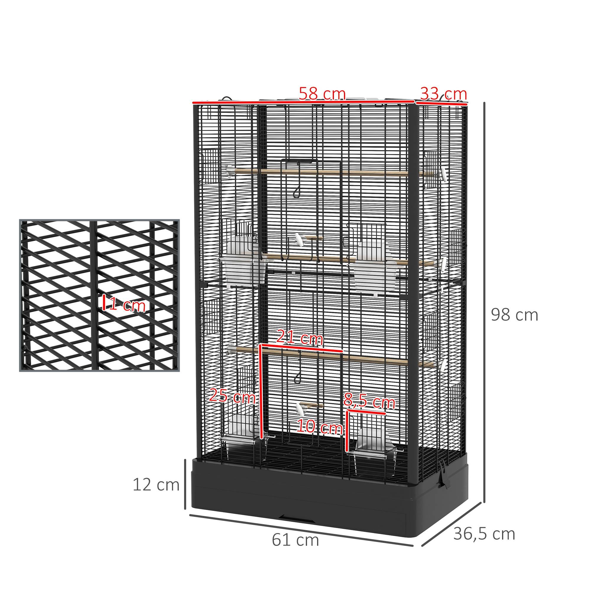 Cage à oiseaux volière avec portes perchoirs cage pour canaris perruches perroquets 61 x 36,5 x 98 cm noir - Image 5