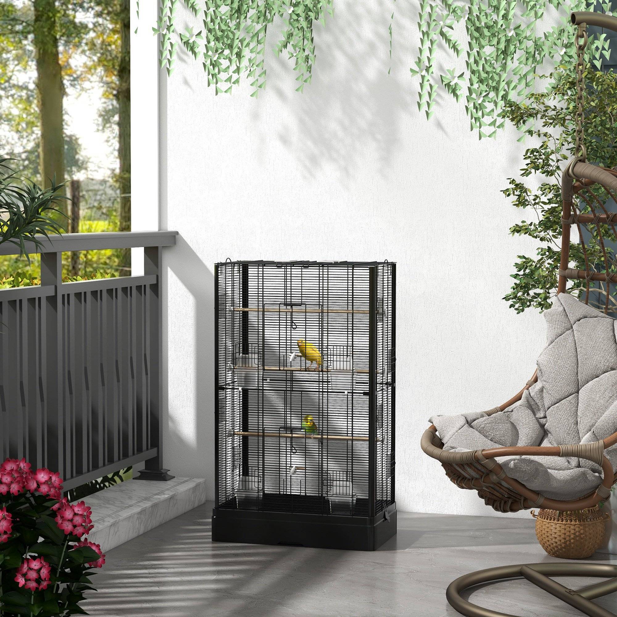 Cage à oiseaux volière avec portes perchoirs cage pour canaris perruches perroquets 61 x 36,5 x 98 cm noir - Image 4