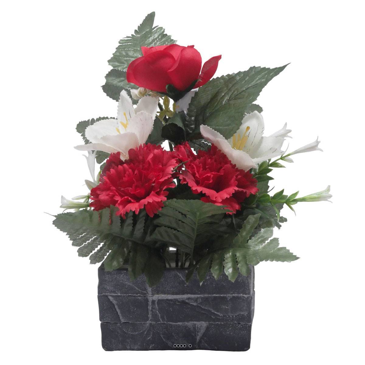 Artificielles - jardinièrre pot beton Renoncule, oeillet, et alstromeria pour la Toussaint Rouge - couleur: Rouge - Image 2