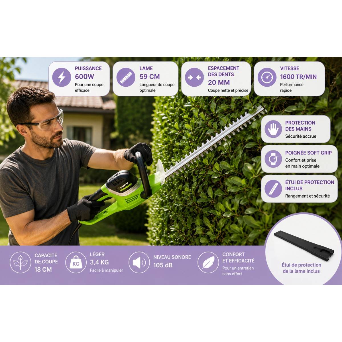 Vito - Taille haies 600W Lame double 59cm Protection mains Poignée avec interrupteur VITO - Image 2