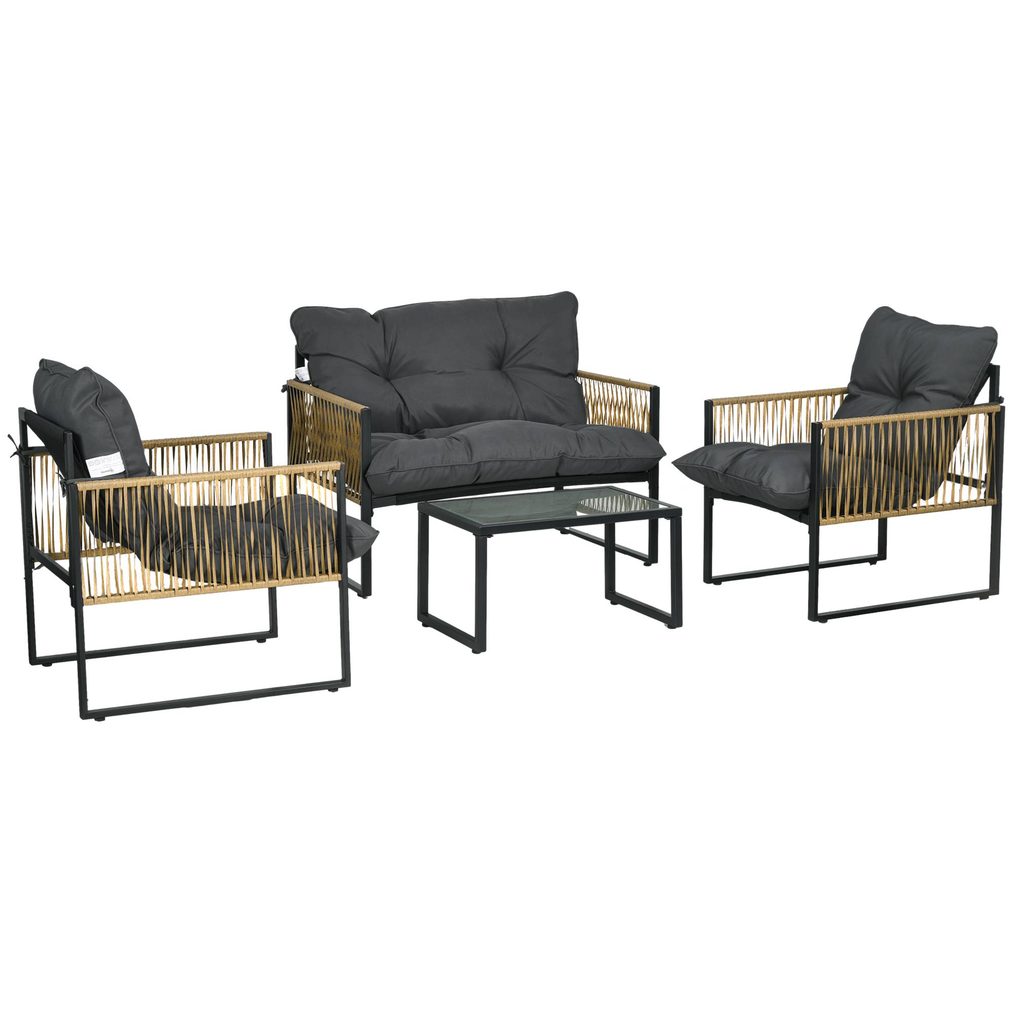 Outsunny - Ensemble 4 pièces canapé 2 places 2 fauteuils table basse verre trempé 3 coussins acier résine tressée gris - Outsunny - Image 1