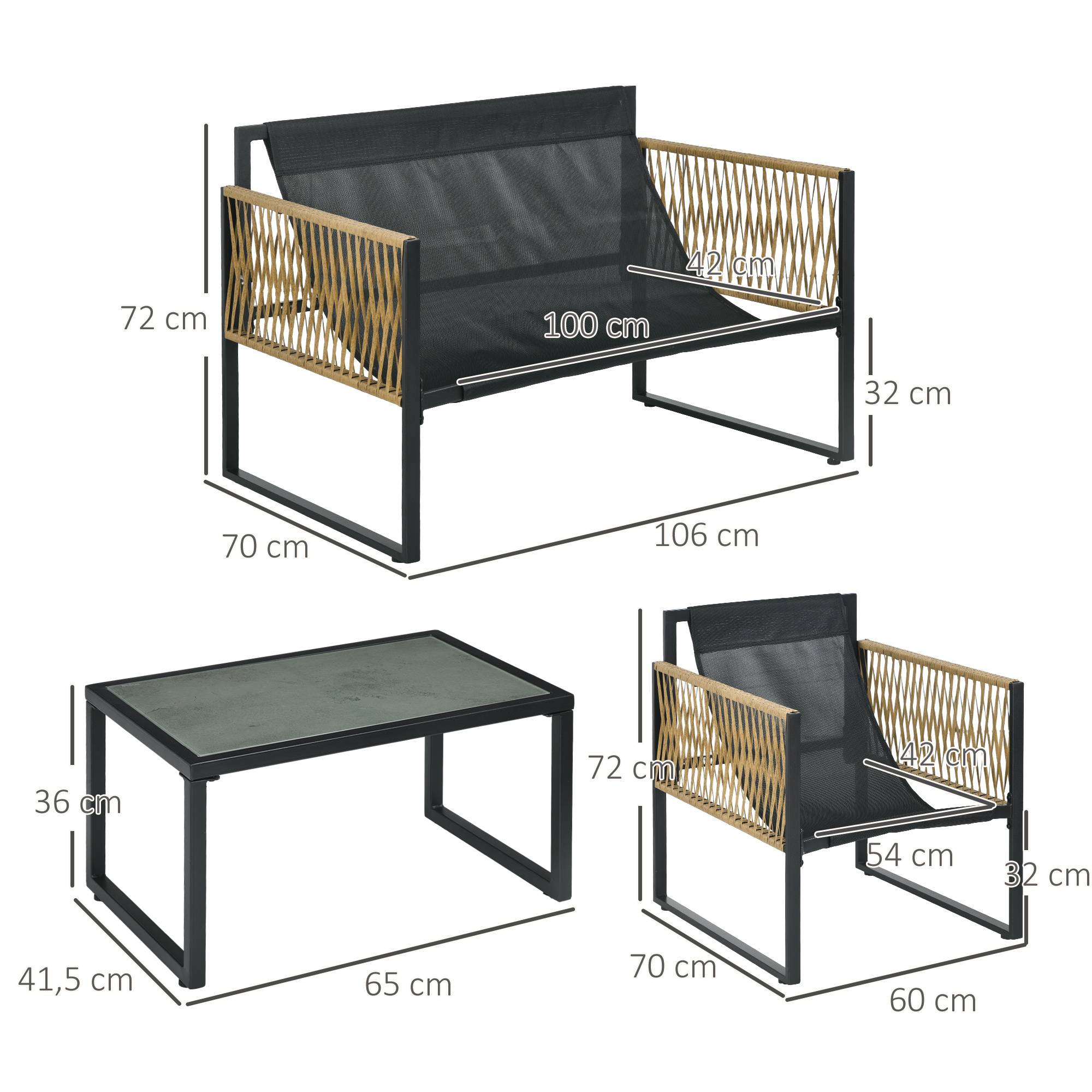 Outsunny - Ensemble 4 pièces canapé 2 places 2 fauteuils table basse verre trempé 3 coussins acier résine tressée gris - Outsunny - Image 3