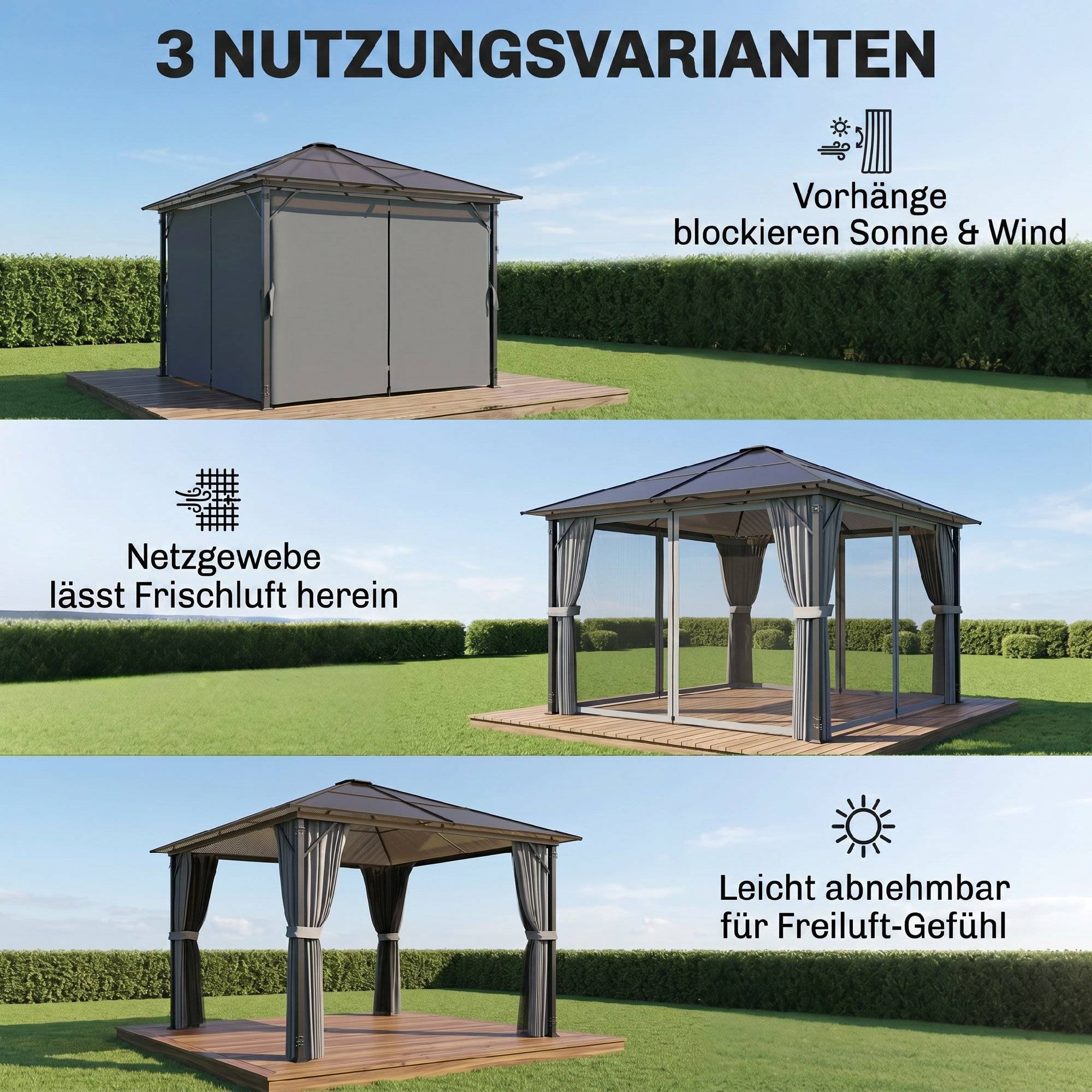 Pavillon toit polycarbonate rideaux moustiquaire structure alu gris foncé 3x3 m - Image 7