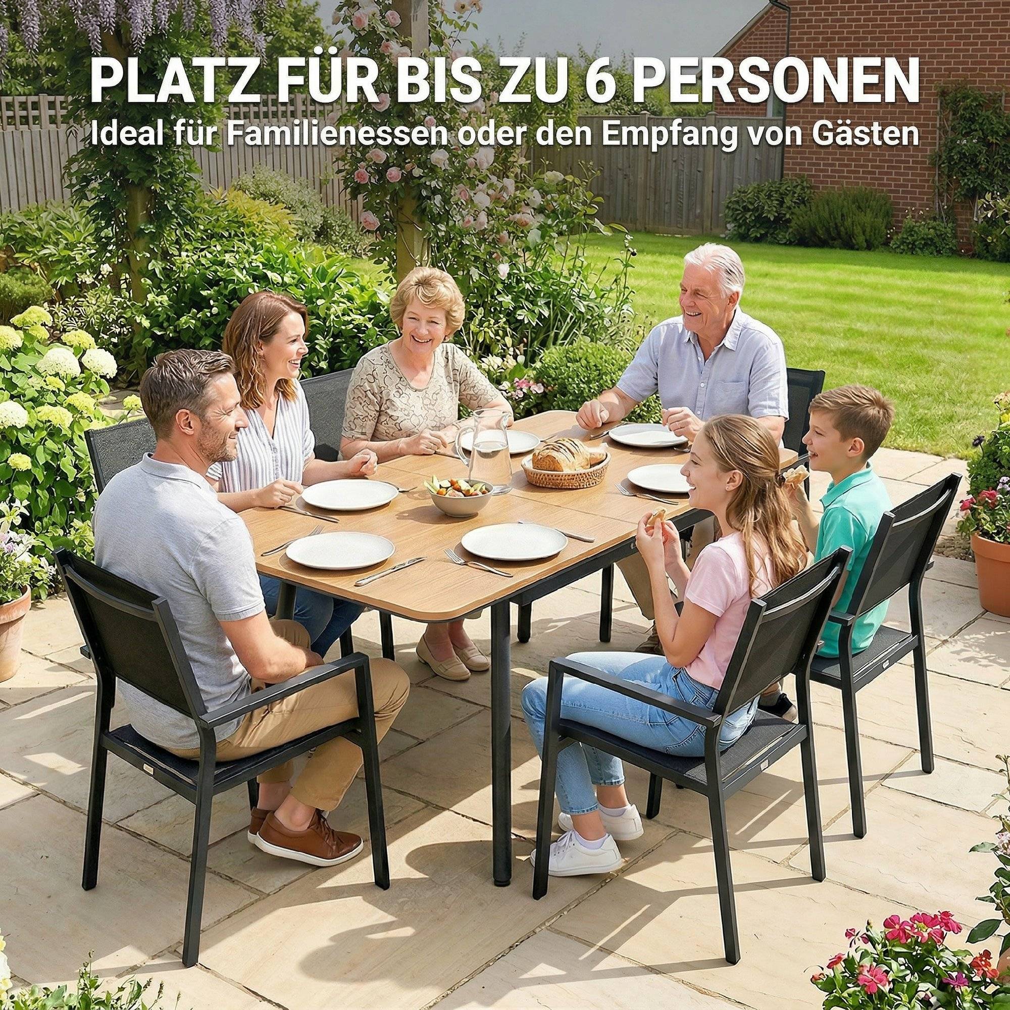 Table de jardin 140x80 cm pour 6 personnes en WPC, résistante à la rouille, pieds réglables, finition naturelle - Image 4