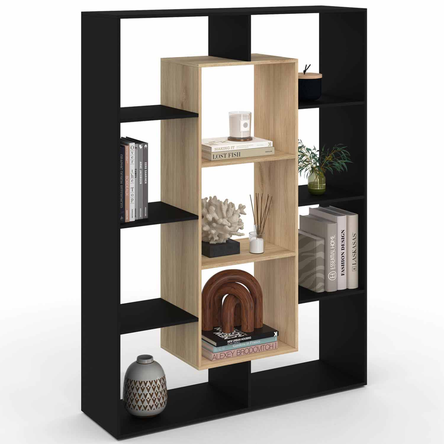 Etagère bibliothèque COLETTE avec 11 compartiments noir et effet bois 143 cm - Image 2