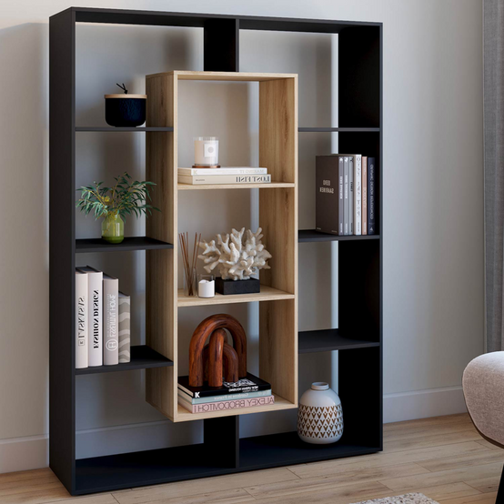Etagère bibliothèque COLETTE avec 11 compartiments noir et effet bois 143 cm - Image 1