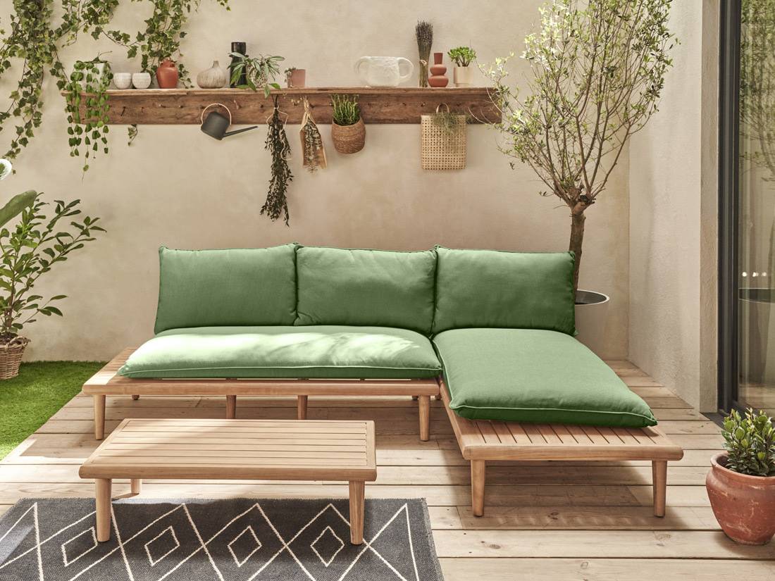 Best Mobilier - Papeete - salon bas de jardin avec coussins vert - 4 places + table - en bois d'acacia FSC  100% - Best Mobilier - Image 8