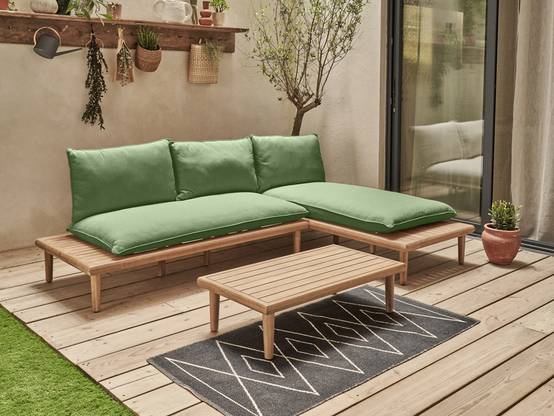 Best Mobilier - Papeete - salon bas de jardin avec coussins vert - 4 places + table - en bois d'acacia FSC 100% - Best Mobilier - Image 7
