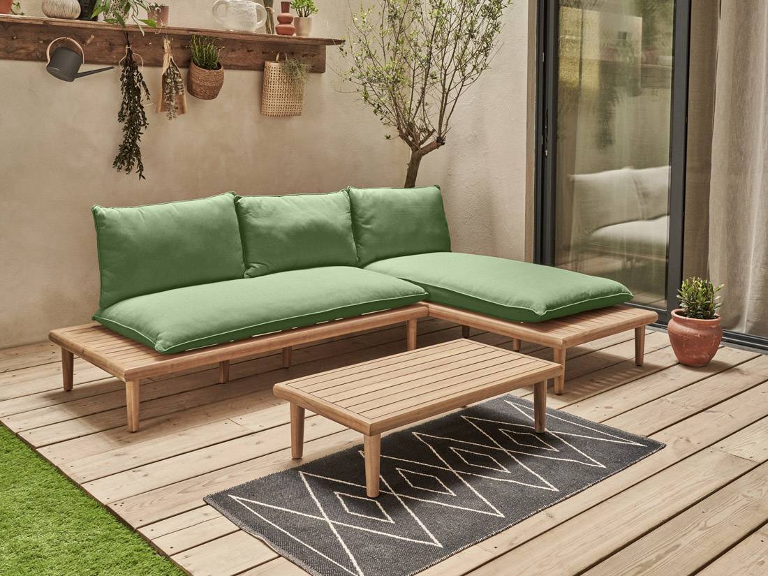Best Mobilier - Papeete - salon bas de jardin avec coussins vert - 4 places + table - en bois d'acacia FSC  100% - Best Mobilier - Image 7