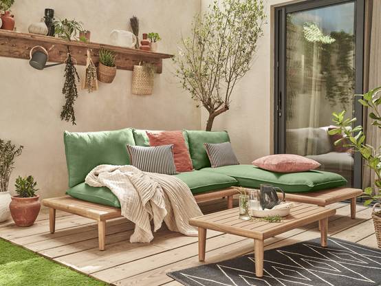 Best Mobilier - Papeete - salon bas de jardin avec coussins vert - 4 places + table - en bois d'acacia FSC 100% - Best Mobilier - Image 2