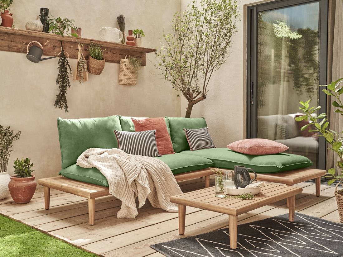 Best Mobilier - Papeete - salon bas de jardin avec coussins vert - 4 places + table - en bois d'acacia FSC  100% - Best Mobilier - Image 2