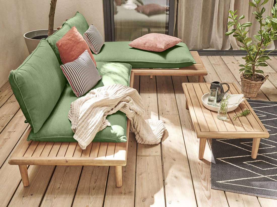 Best Mobilier - Papeete - salon bas de jardin avec coussins vert - 4 places + table - en bois d'acacia FSC  100% - Best Mobilier - Image 3