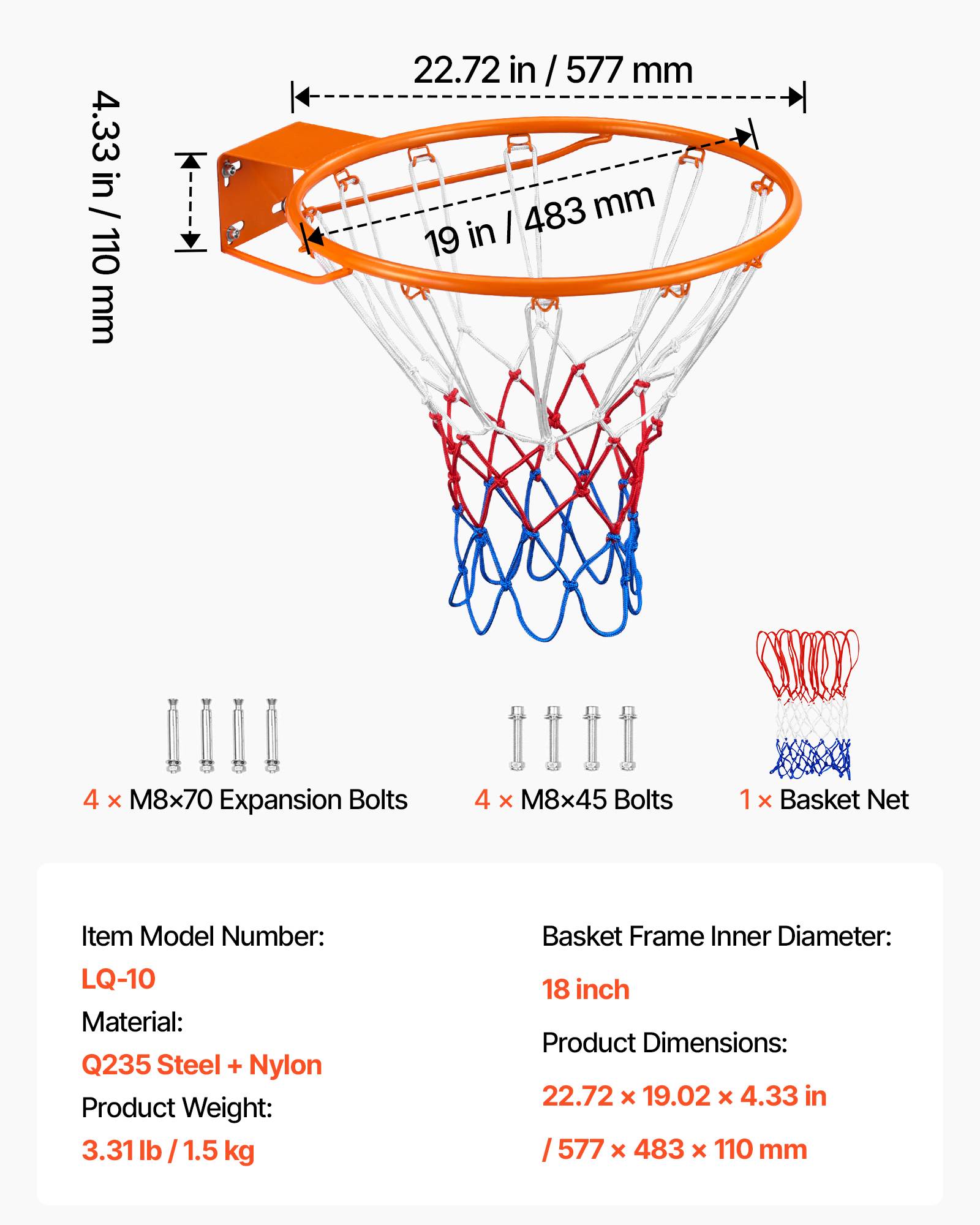 Vevor - VEVOR Panier de basket Ø483 mm acier carbone, filet nylon tricolore, kit de fixation, remplacement intérieur et extérieur - Image 6