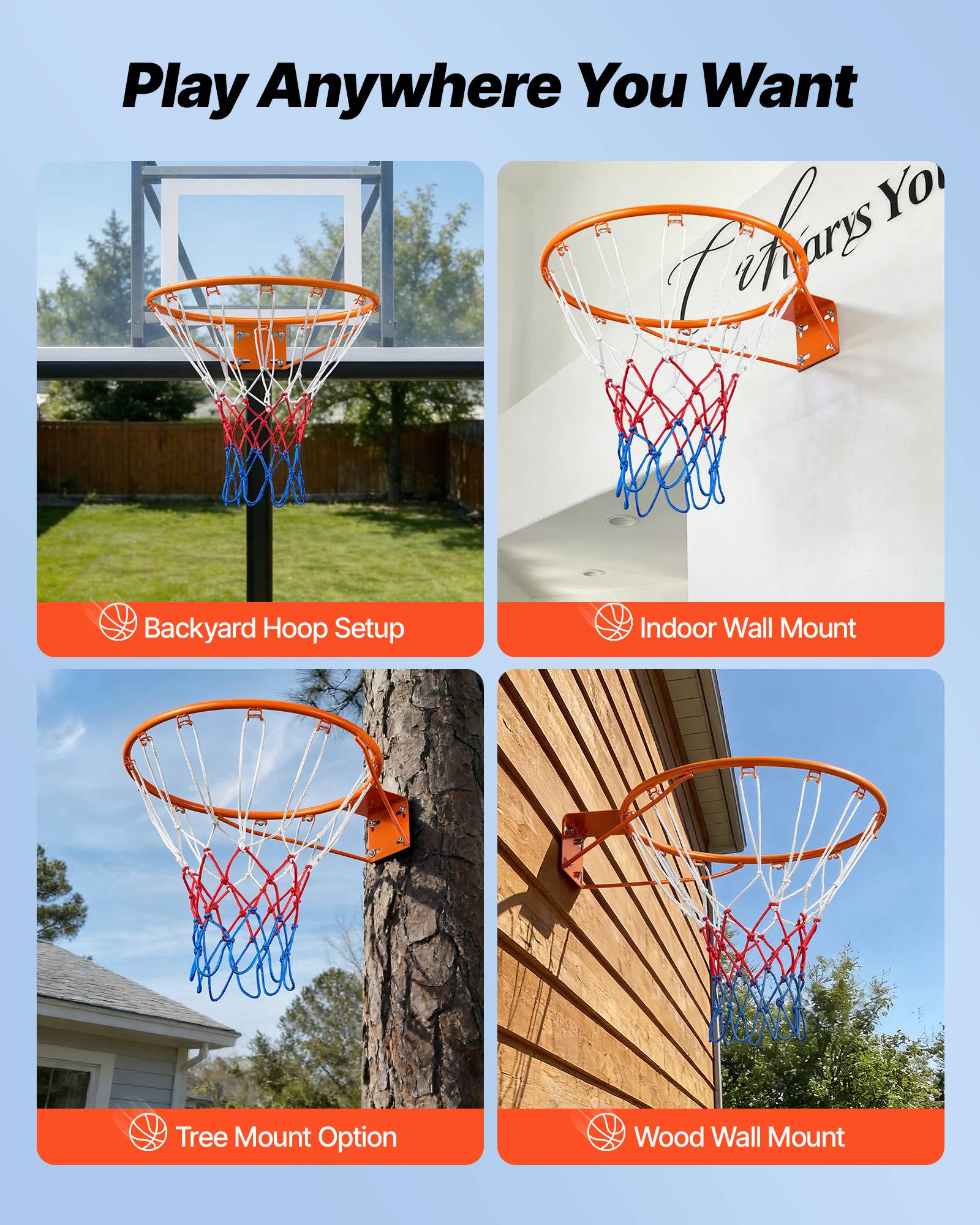 Vevor - VEVOR Panier de basket Ø483 mm acier carbone, filet nylon tricolore, kit de fixation, remplacement intérieur et extérieur - Image 5