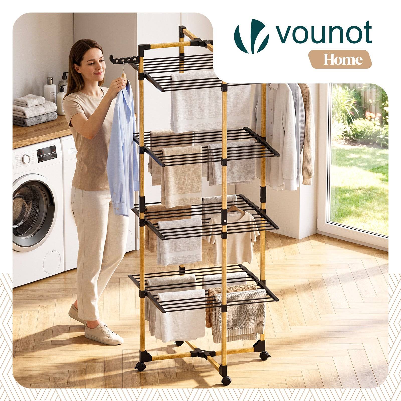 Vounot - Séchoir à linge tour pliable 99x69x175,5cm, Étendoir 4 niveaux grande capacité avec roulettes, 33m d’étendage, Noir, VOUNOT® - Image 2
