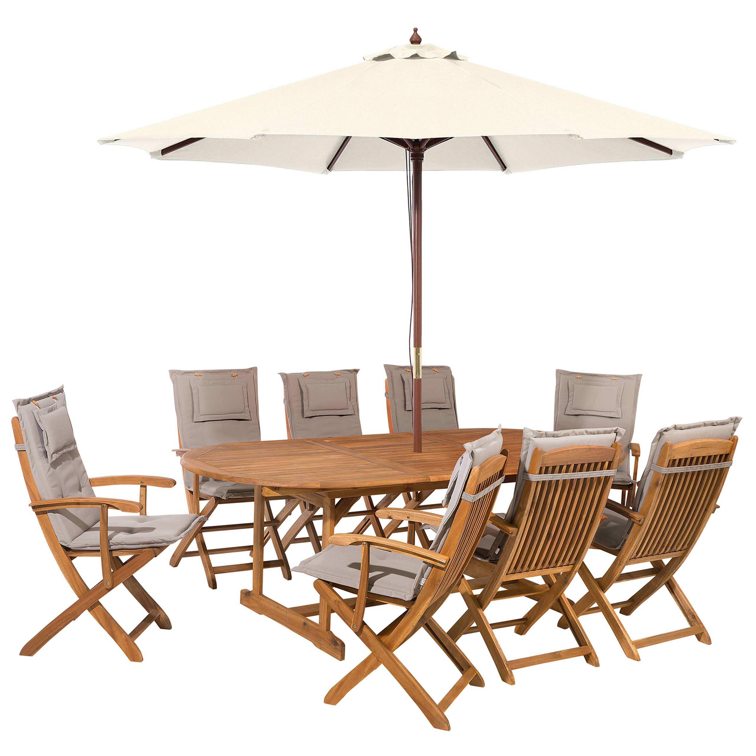 Beliani - Ensemble de Jardin Table Extensible Ovale et de 8 Chaises Pliables avec Coussins d'Assise Gris Beige et Parasol en Toile Beige Beliani - Image 1