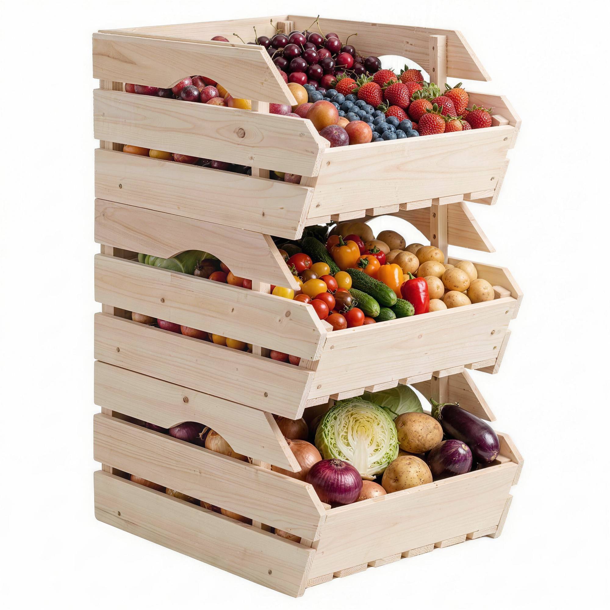 Support de Corbeille à Fruits en Bois de Sapin à 3 Étages Amovibles, pour Fruits et Légumes, 27x37,5x60cm, Naturel