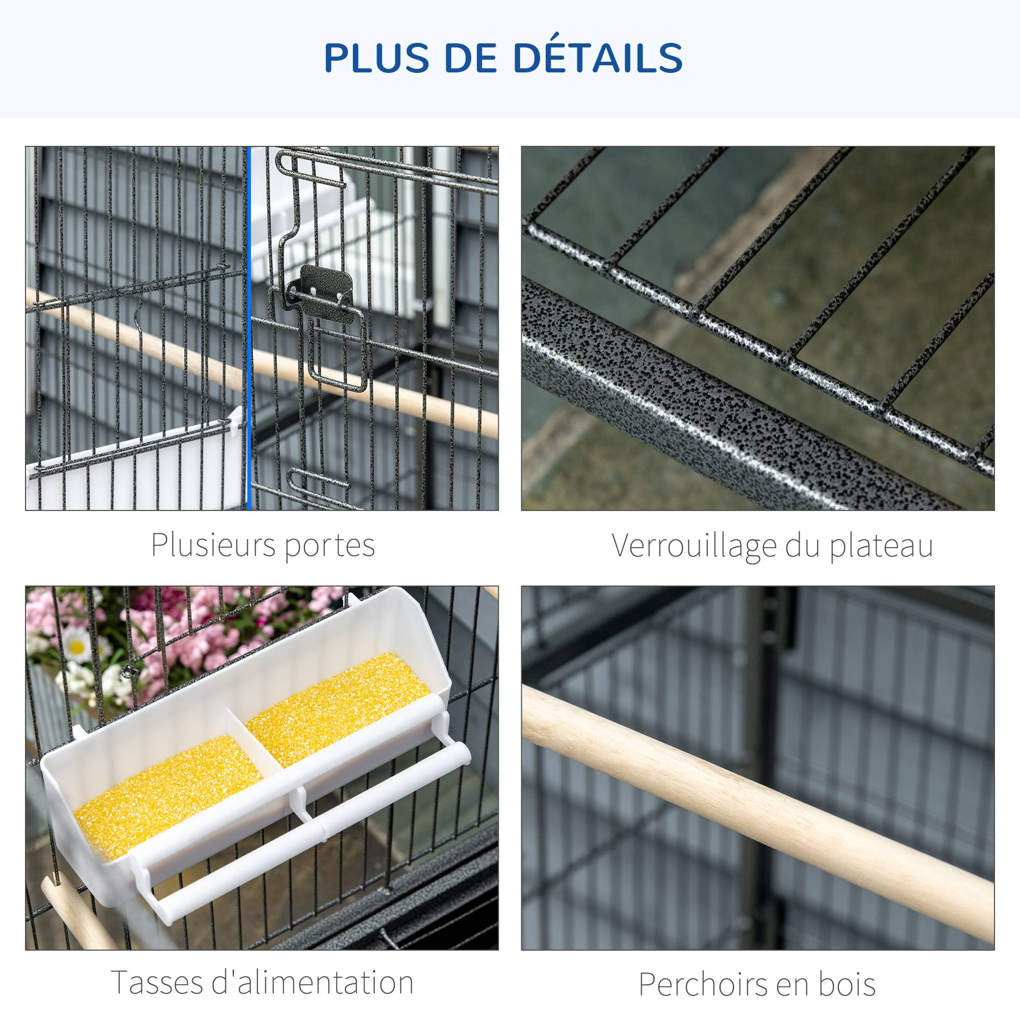 Cage à oiseaux sur pied volière oiseaux intérieur 4 perchoirs en bois et mangeoires fil d'acier gris foncé - Image 9