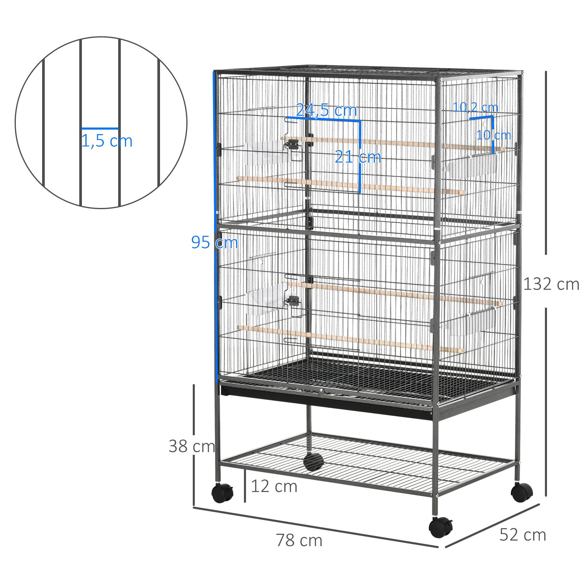 Cage à oiseaux sur pied volière oiseaux intérieur 4 perchoirs en bois et mangeoires fil d'acier gris foncé - Image 5