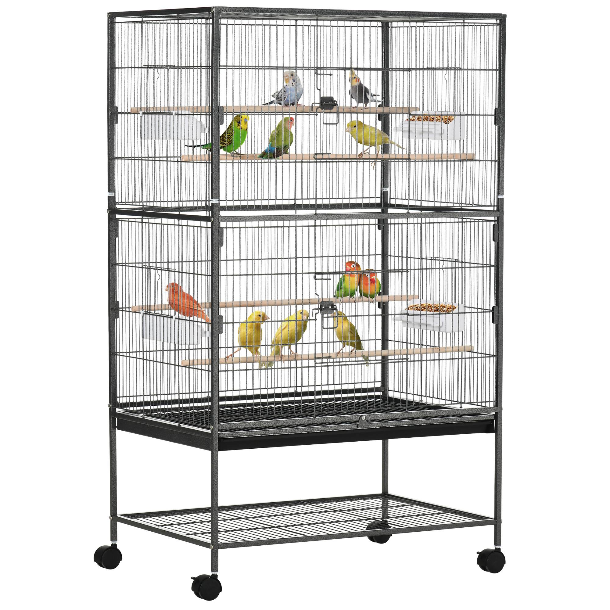 Cage à oiseaux sur pied volière oiseaux intérieur 4 perchoirs en bois et mangeoires fil d'acier gris foncé - Image 1