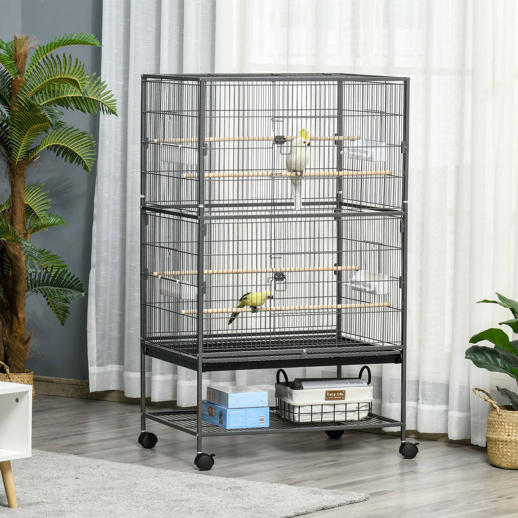 Cage à oiseaux sur pied volière oiseaux intérieur 4 perchoirs en bois et mangeoires fil d'acier gris foncé - Image 4