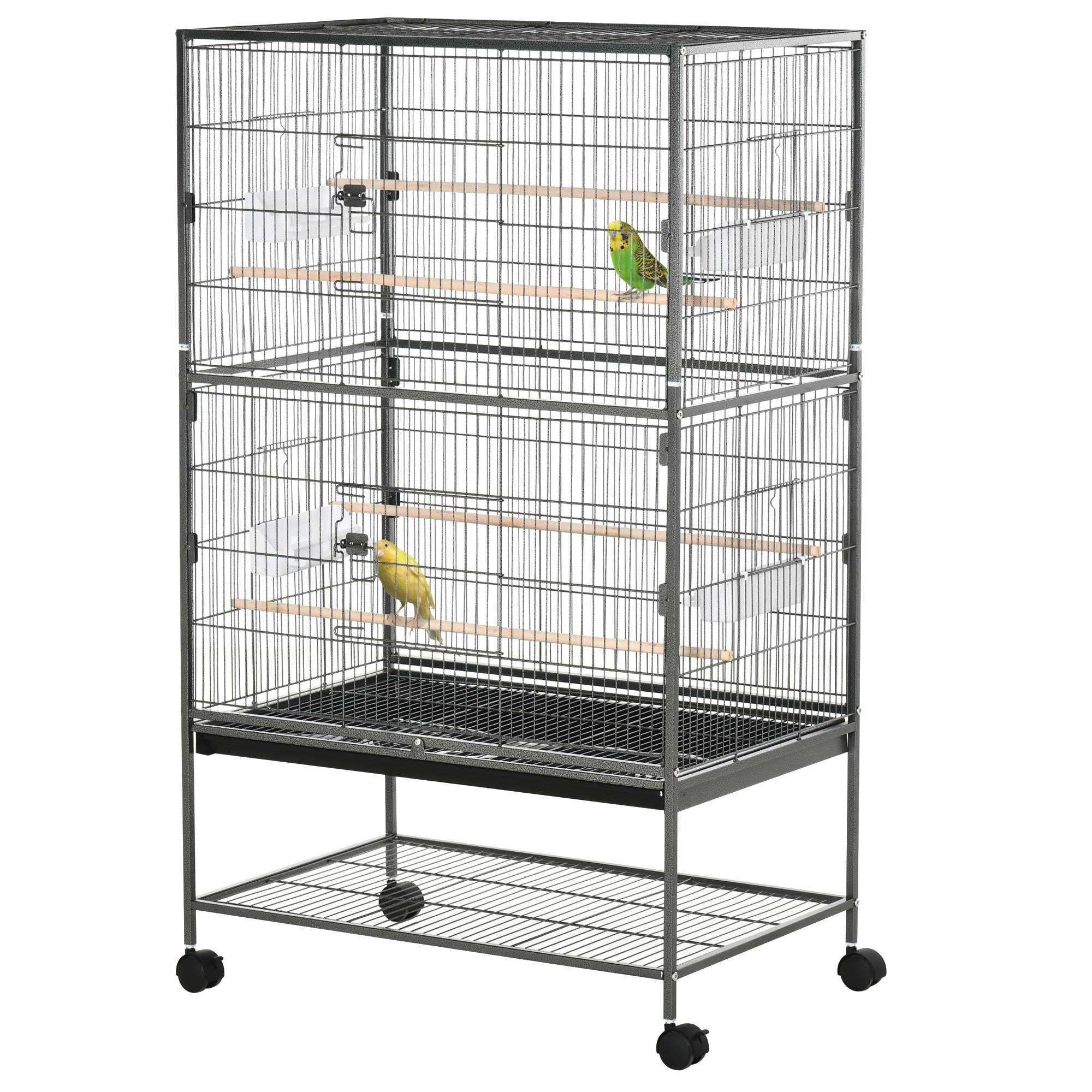Cage à oiseaux sur pied volière oiseaux intérieur 4 perchoirs en bois et mangeoires fil d'acier gris foncé - Image 2