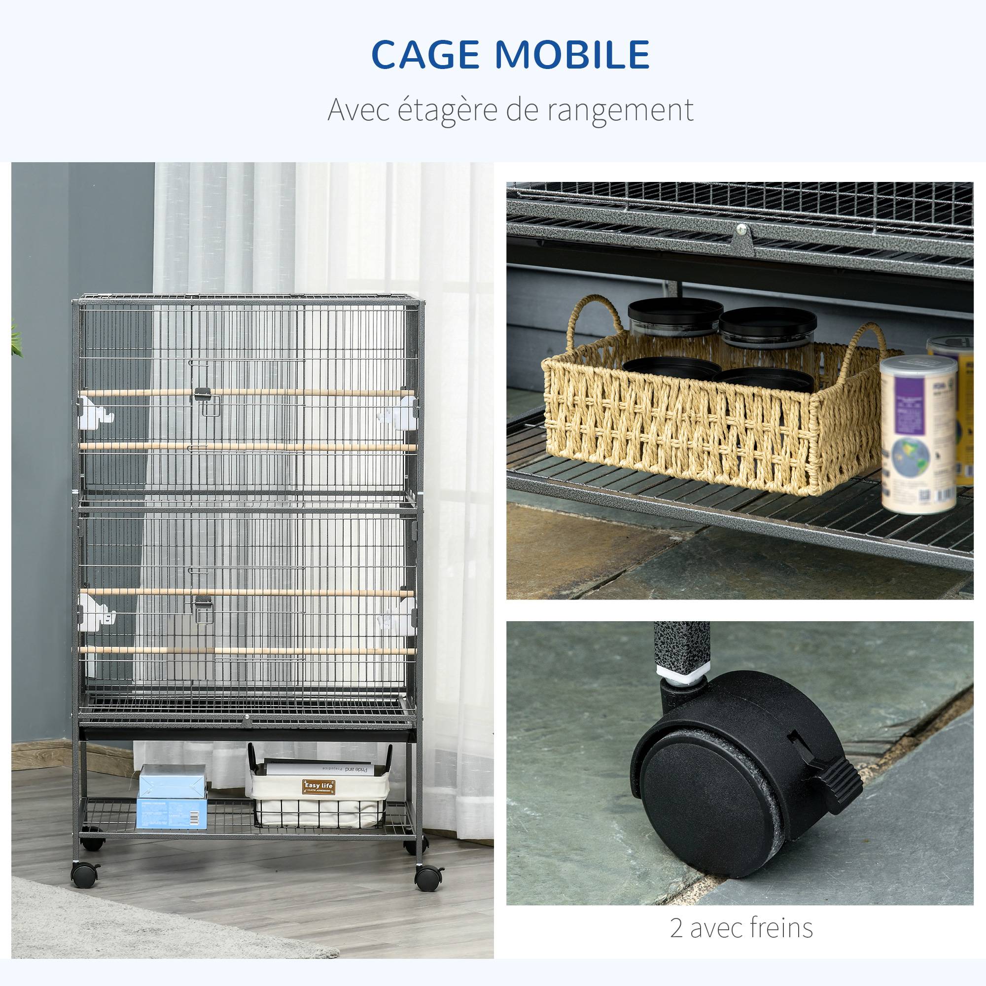 Cage à oiseaux sur pied volière oiseaux intérieur 4 perchoirs en bois et mangeoires fil d'acier gris foncé - Image 7