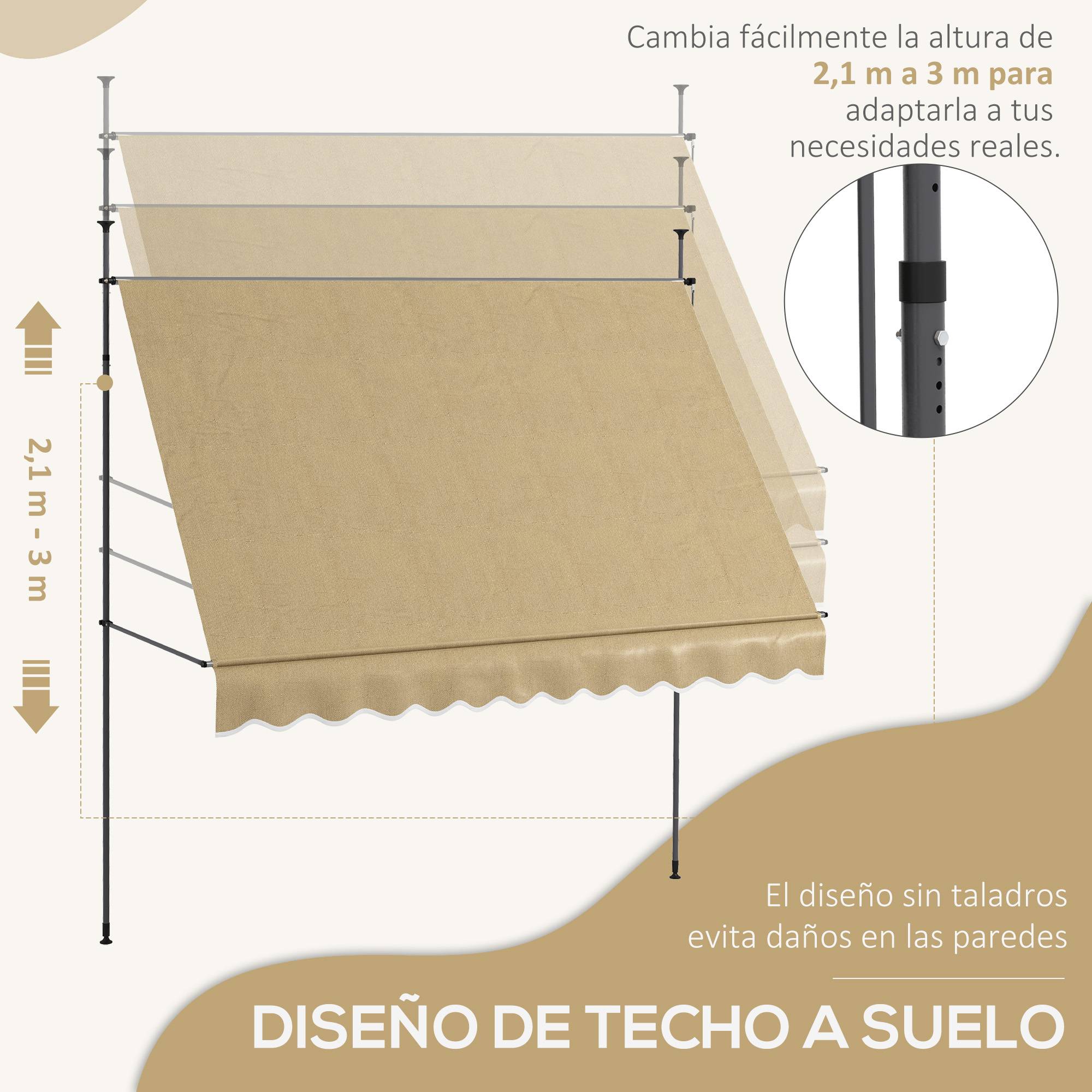 Store banne rétractable manuel à manivelle 300 x 120 x 210-300 cm, hauteur réglable, imperméable et anti-UV, beige - Image 6