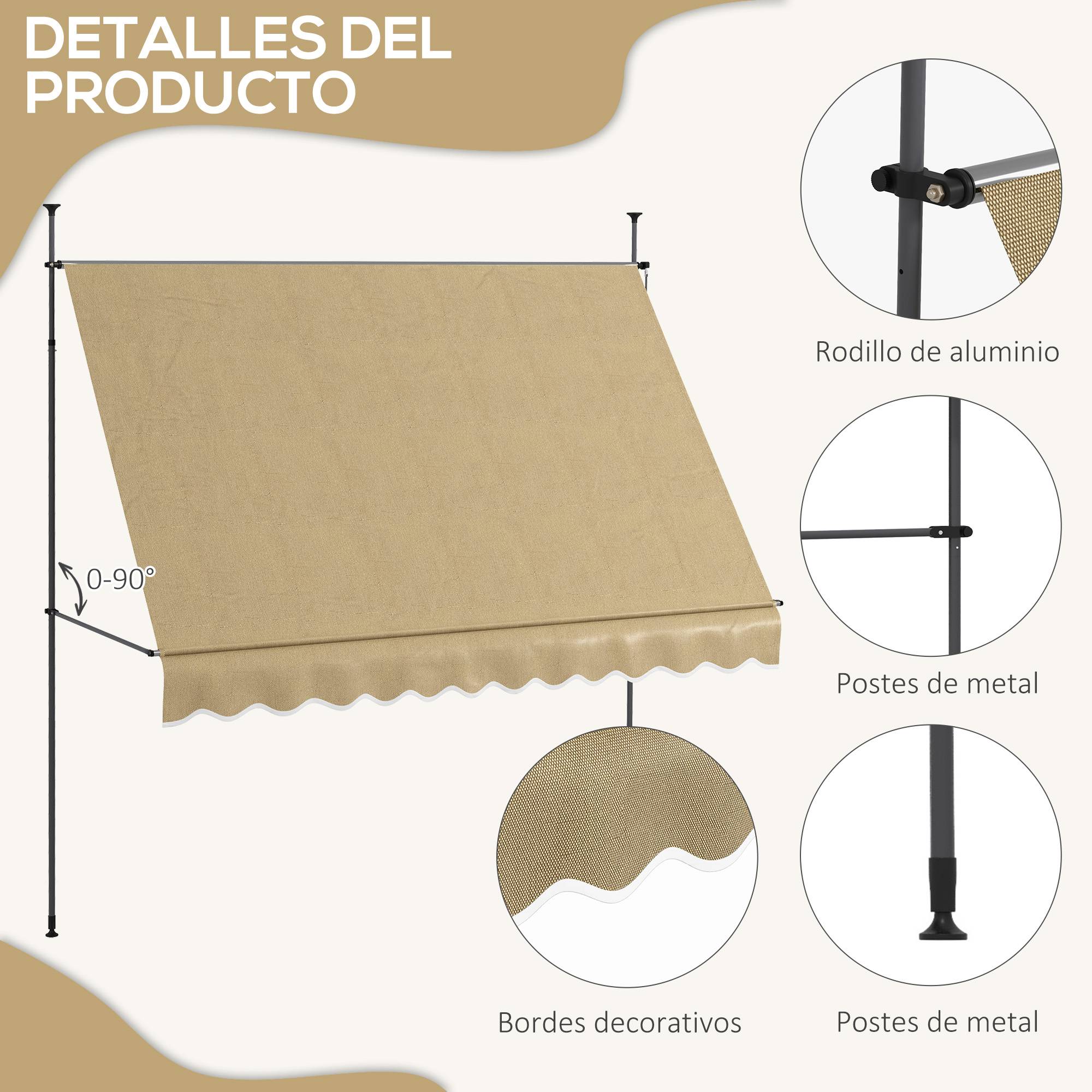 Store banne rétractable manuel à manivelle 300 x 120 x 210-300 cm, hauteur réglable, imperméable et anti-UV, beige - Image 9