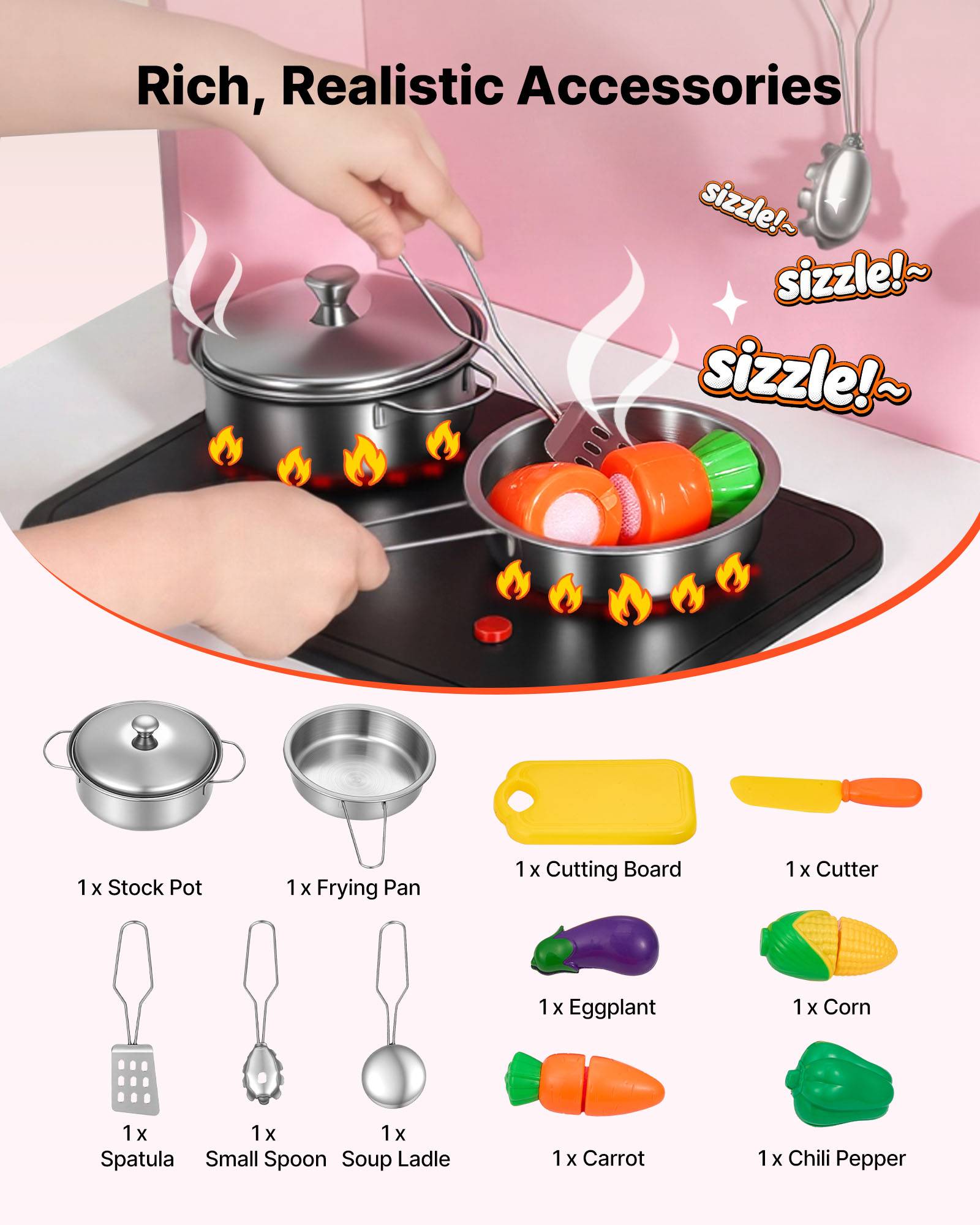 Vevor - VEVOR Cuisine en bois enfant, jeu avec lumières et sons, micro-ondes, four, accessoires et aliments factices, pour filles et garçons 3 à 8 ans. - Image 7