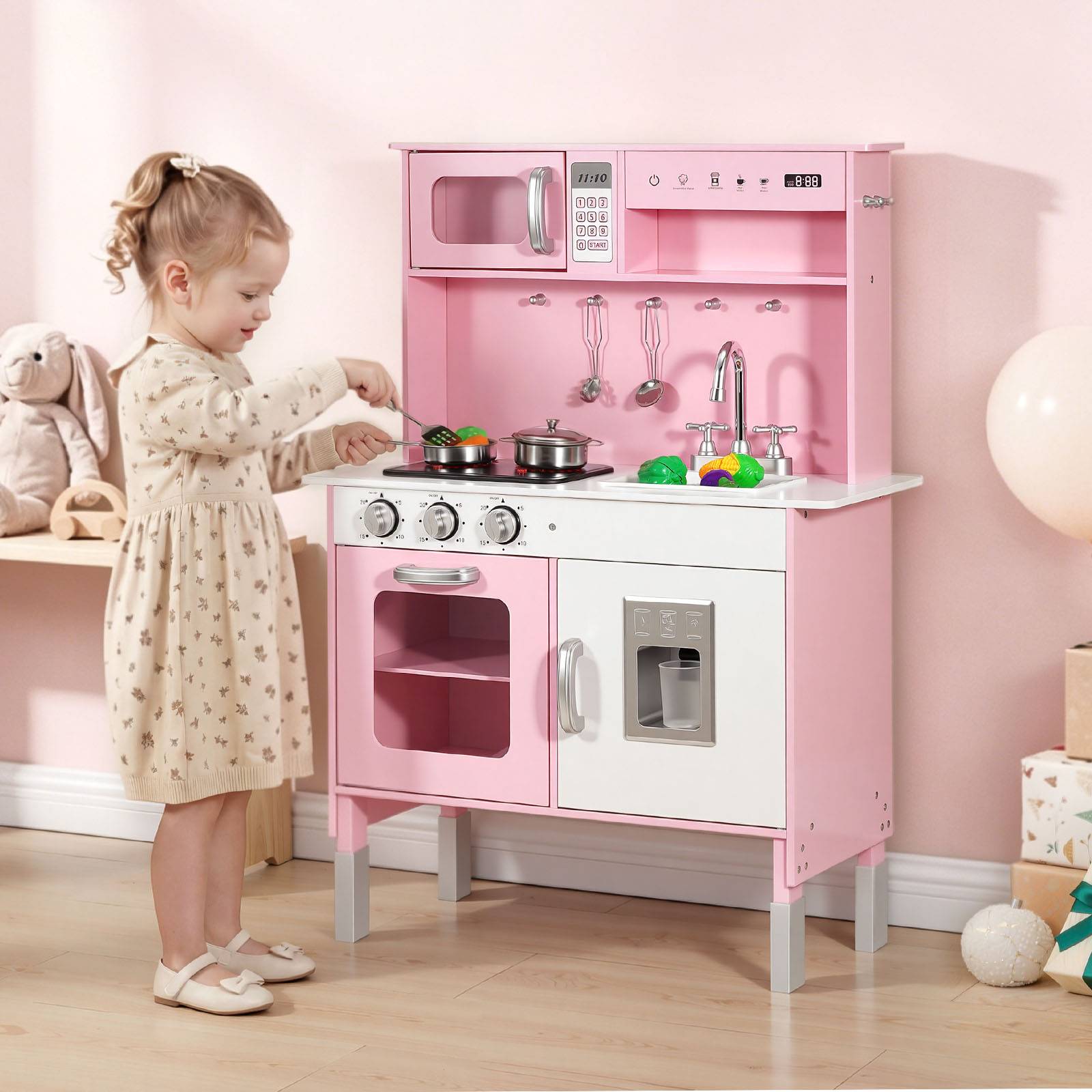 Vevor - VEVOR Cuisine en bois enfant, jeu avec lumières et sons, micro-ondes, four, accessoires et aliments factices, pour filles et garçons 3 à 8 ans. - Image 8