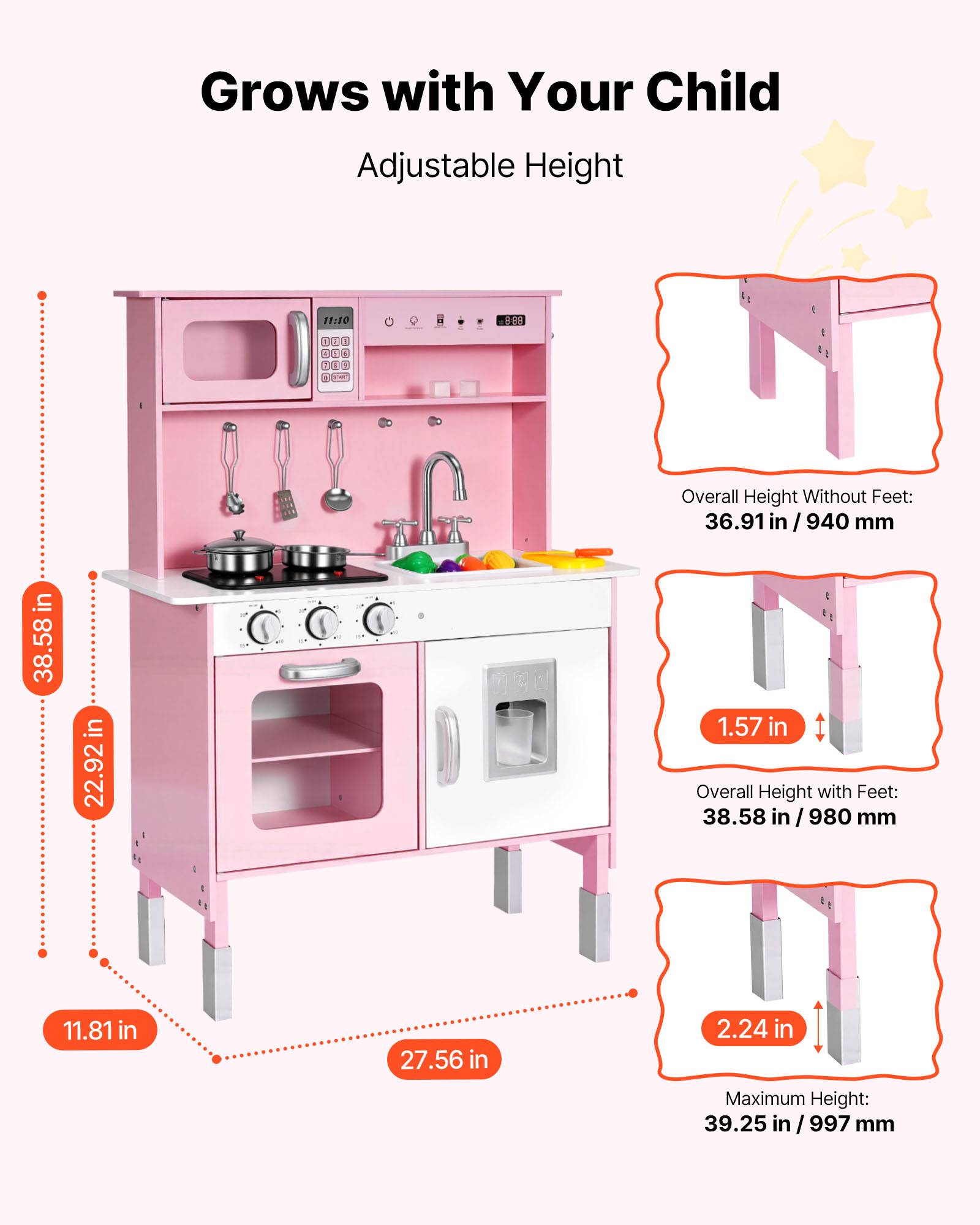 Vevor - VEVOR Cuisine en bois enfant, jeu avec lumières et sons, micro-ondes, four, accessoires et aliments factices, pour filles et garçons 3 à 8 ans. - Image 6