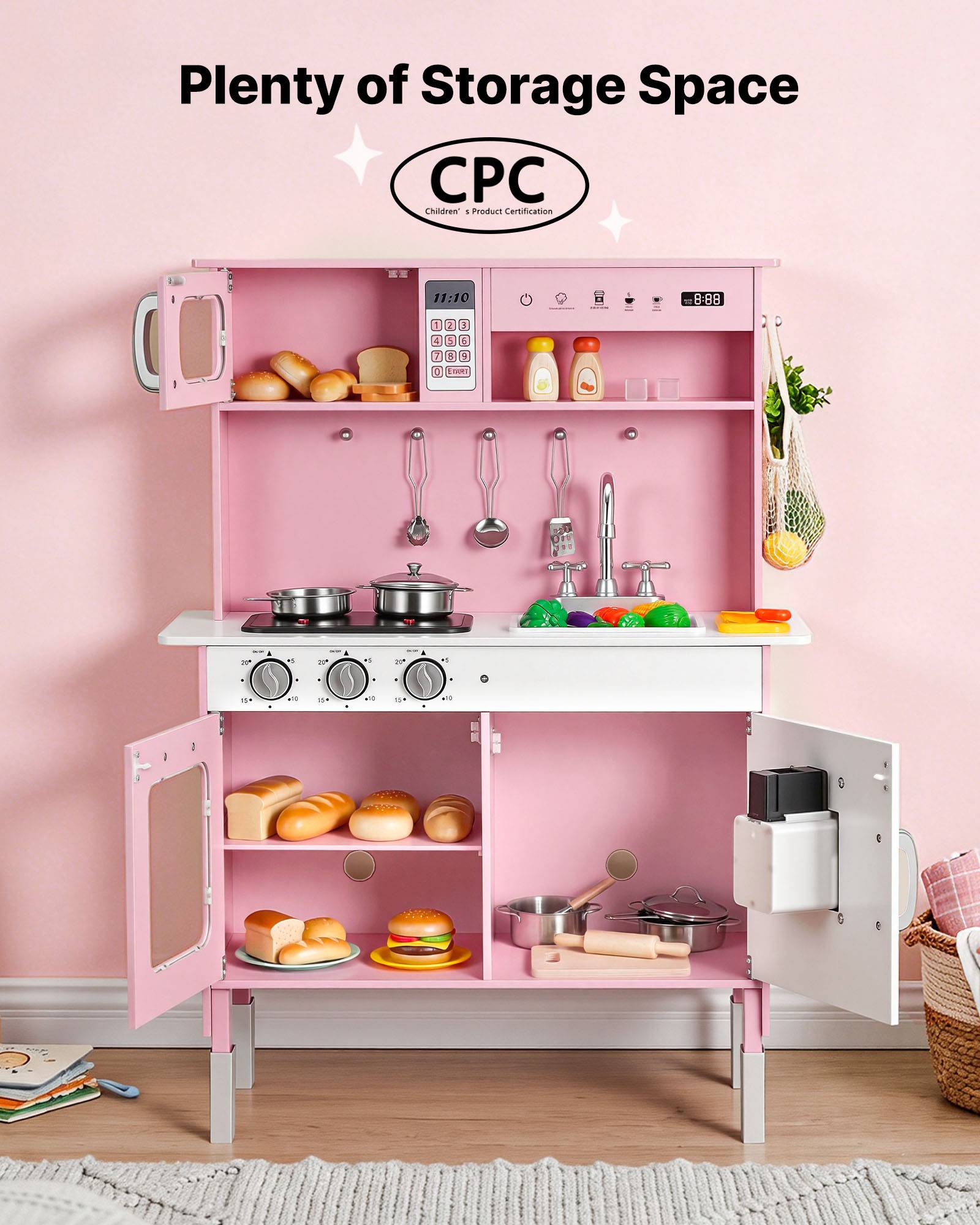 Vevor - VEVOR Cuisine en bois enfant, jeu avec lumières et sons, micro-ondes, four, accessoires et aliments factices, pour filles et garçons 3 à 8 ans. - Image 5