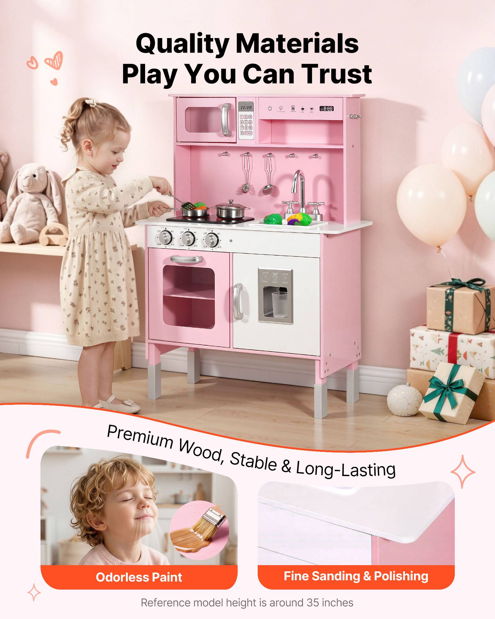 Vevor - VEVOR Cuisine en bois enfant, jeu avec lumières et sons, micro-ondes, four, accessoires et aliments factices, pour filles et garçons 3 à 8 ans. - Image 2