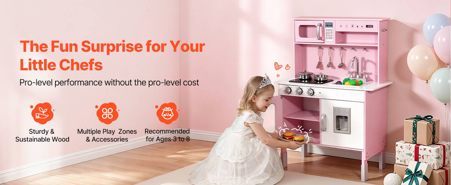 Vevor - VEVOR Cuisine en bois enfant, jeu avec lumières et sons, micro-ondes, four, accessoires et aliments factices, pour filles et garçons 3 à 8 ans. - Image 9