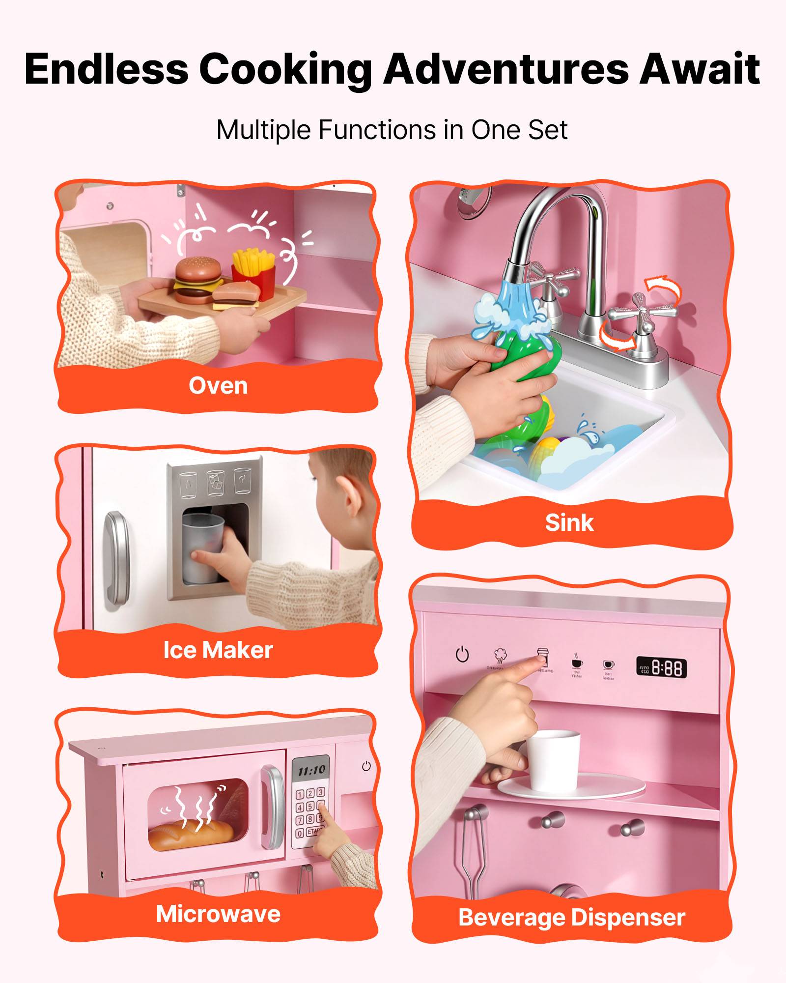 Vevor - VEVOR Cuisine en bois enfant, jeu avec lumières et sons, micro-ondes, four, accessoires et aliments factices, pour filles et garçons 3 à 8 ans. - Image 3