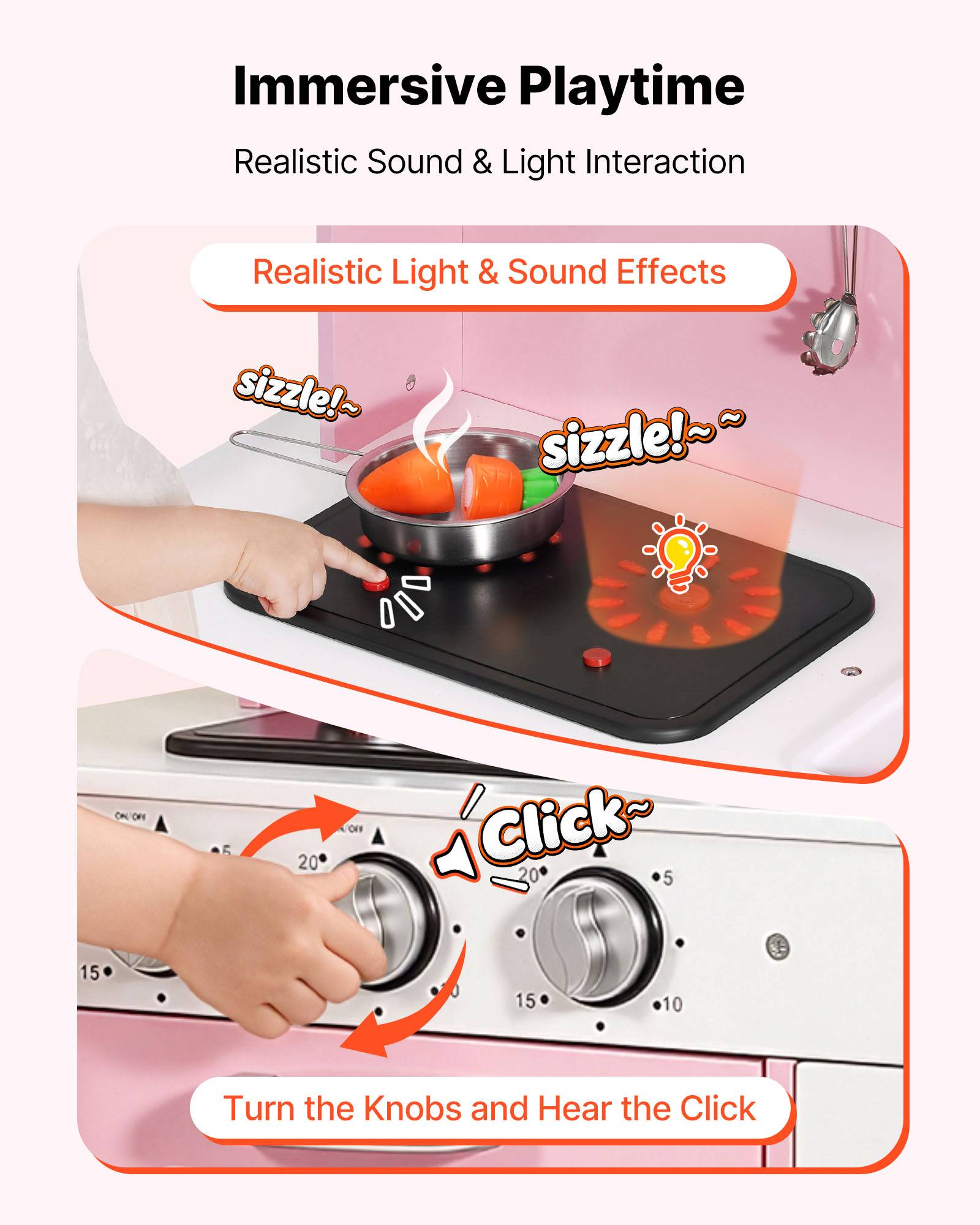 Vevor - VEVOR Cuisine en bois enfant, jeu avec lumières et sons, micro-ondes, four, accessoires et aliments factices, pour filles et garçons 3 à 8 ans. - Image 4