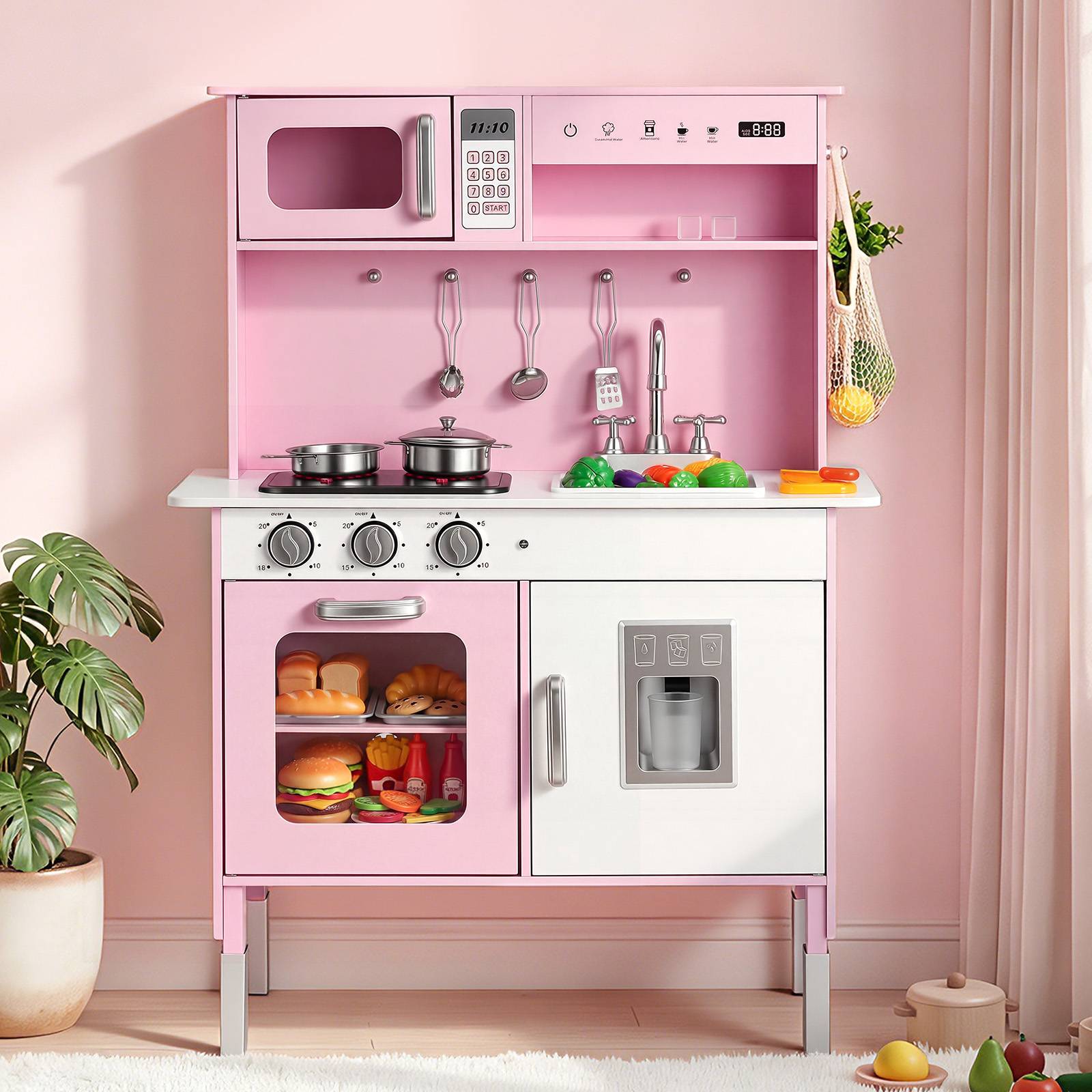 Vevor - VEVOR Cuisine en bois enfant, jeu avec lumières et sons, micro-ondes, four, accessoires et aliments factices, pour filles et garçons 3 à 8 ans. - Image 1