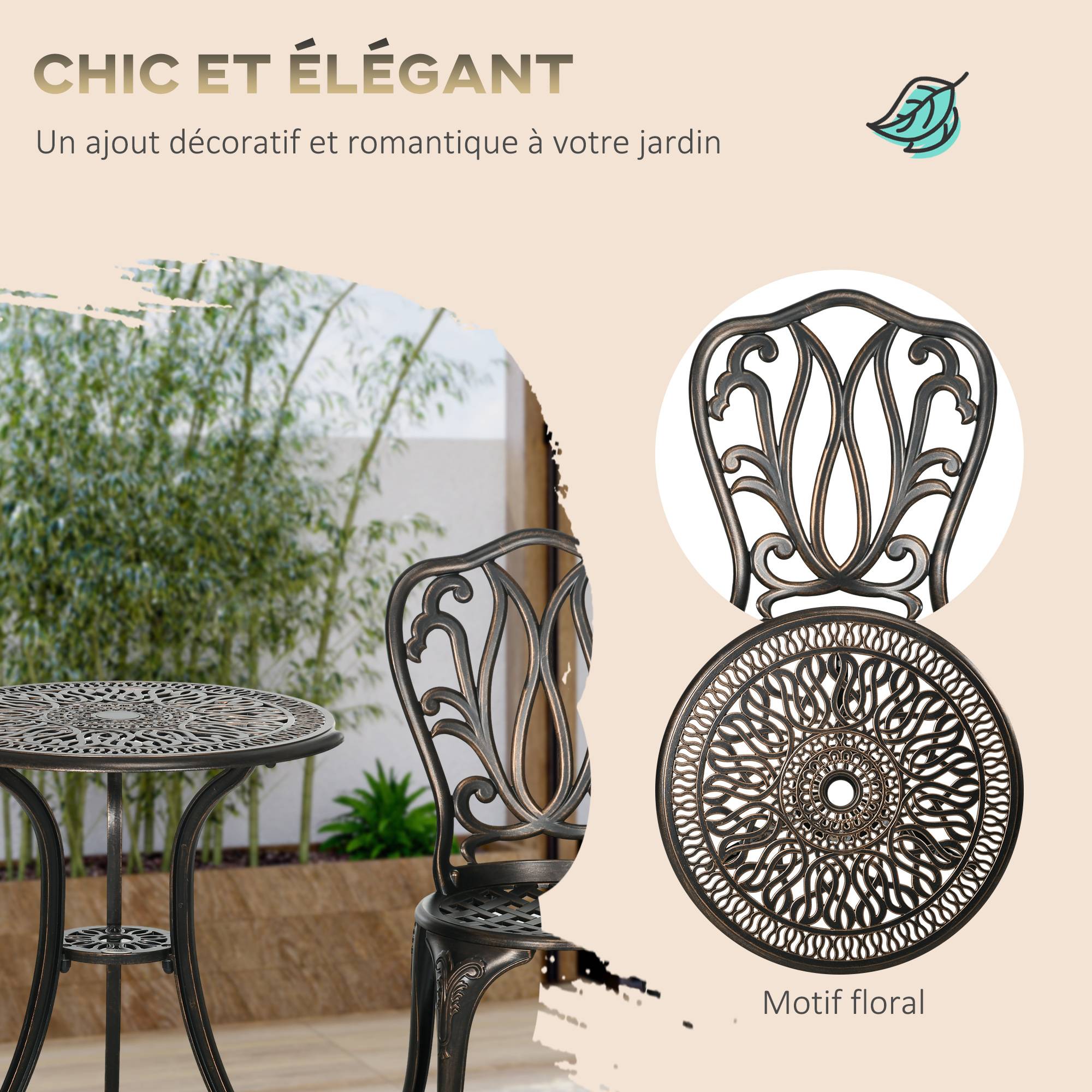 Ensemble Salon de Jardin 2 Places 2 chaises + Table Ronde style charme rétro en fonte d'aluminium, bronze - Image 9